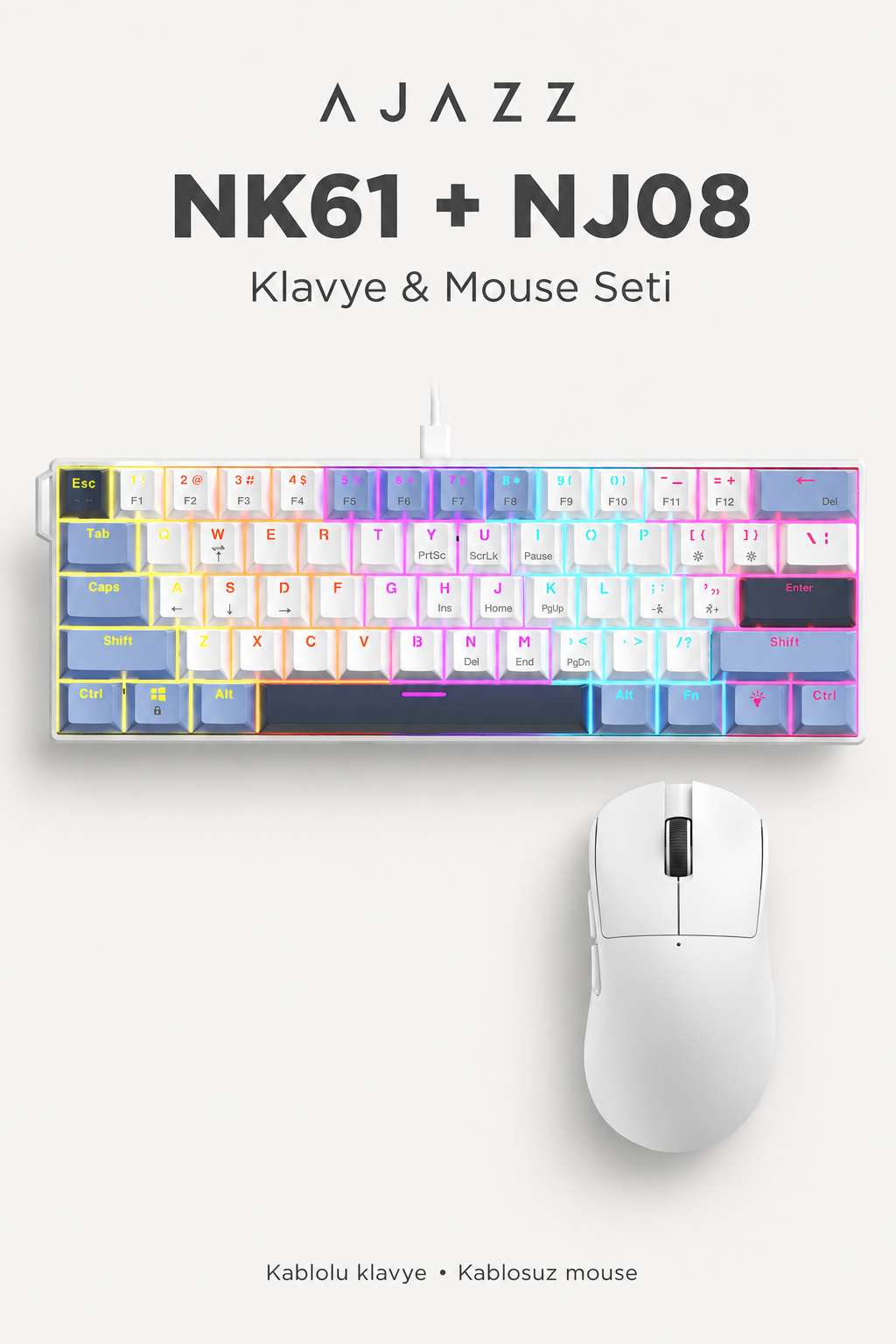 Ajazz NK61 Red Switch Mekanik Klavye ve NJ08 Kablosuz Mouse Seti Beyaz-Mavi
