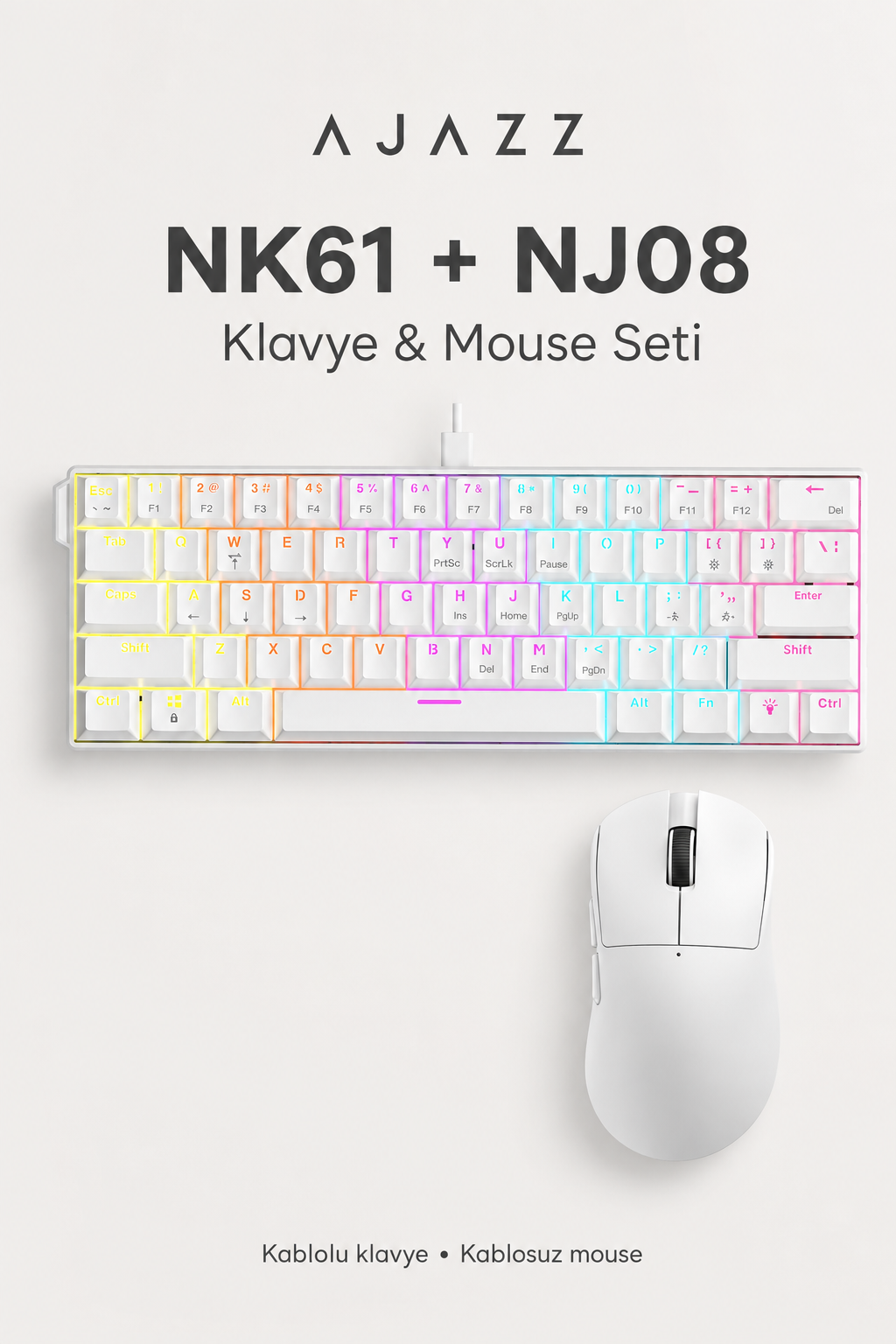 Ajazz NK61 Red Switch Mekanik Klavye ve NJ08 Kablosuz Mouse Seti Beyaz