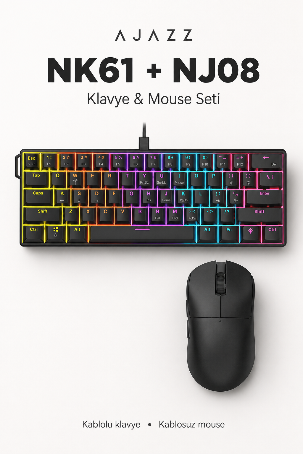 Ajazz NK61 Red Switch Mekanik Klavye ve NJ08 Kablosuz Mouse Seti Siyah