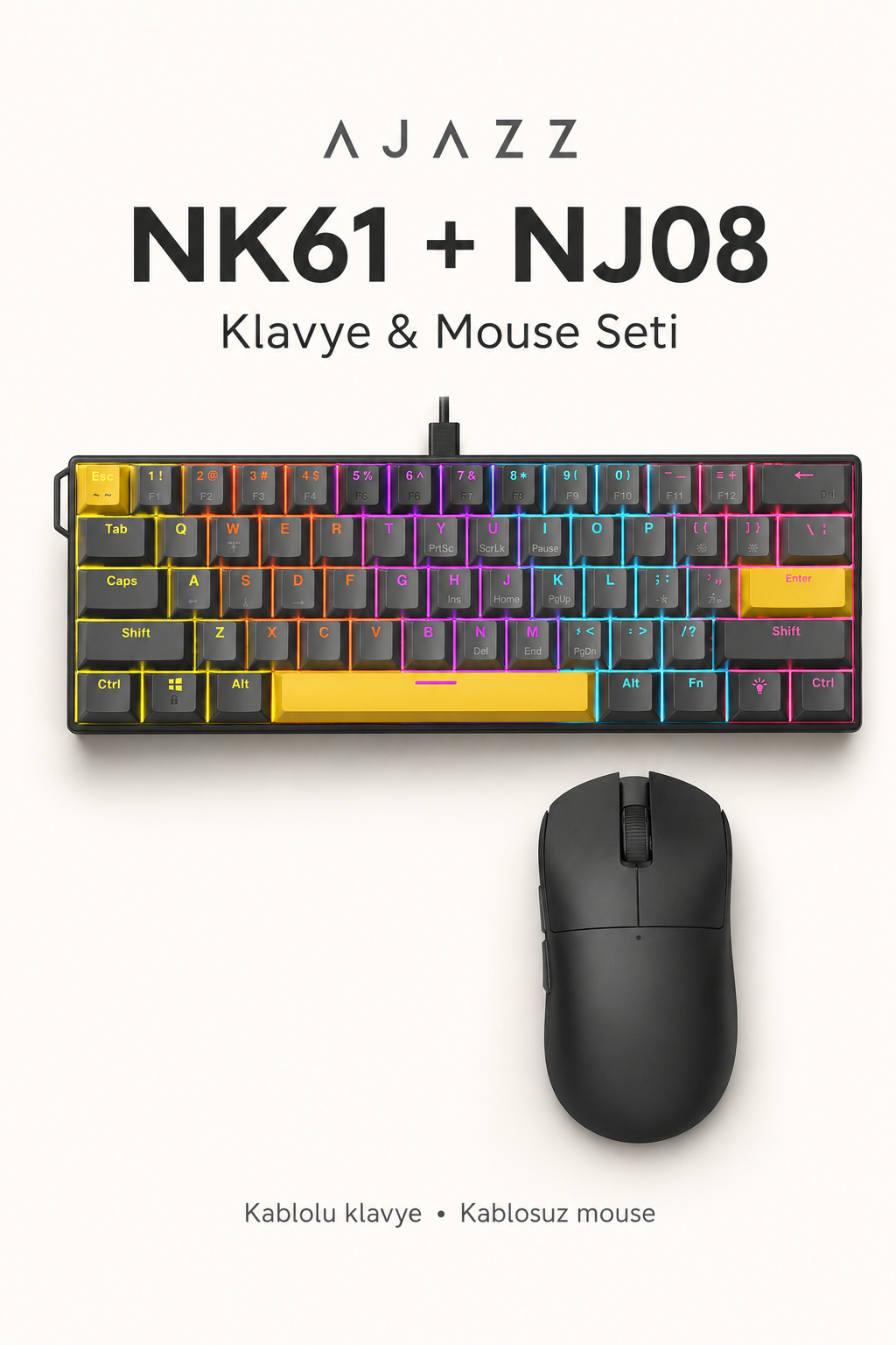 Ajazz NK61 Red Switch Mekanik Klavye ve NJ08 Kablosuz Mouse Seti Sarı-Siyah