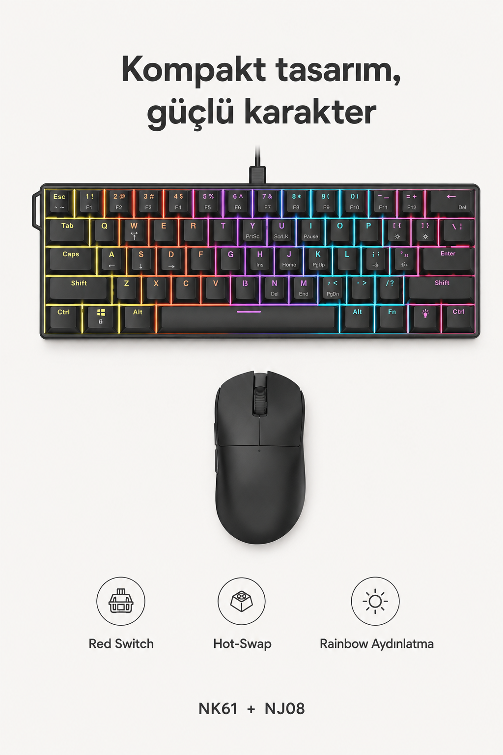 Ajazz NK61 Red Switch Mekanik Klavye ve NJ08 Kablosuz Mouse Seti Siyah