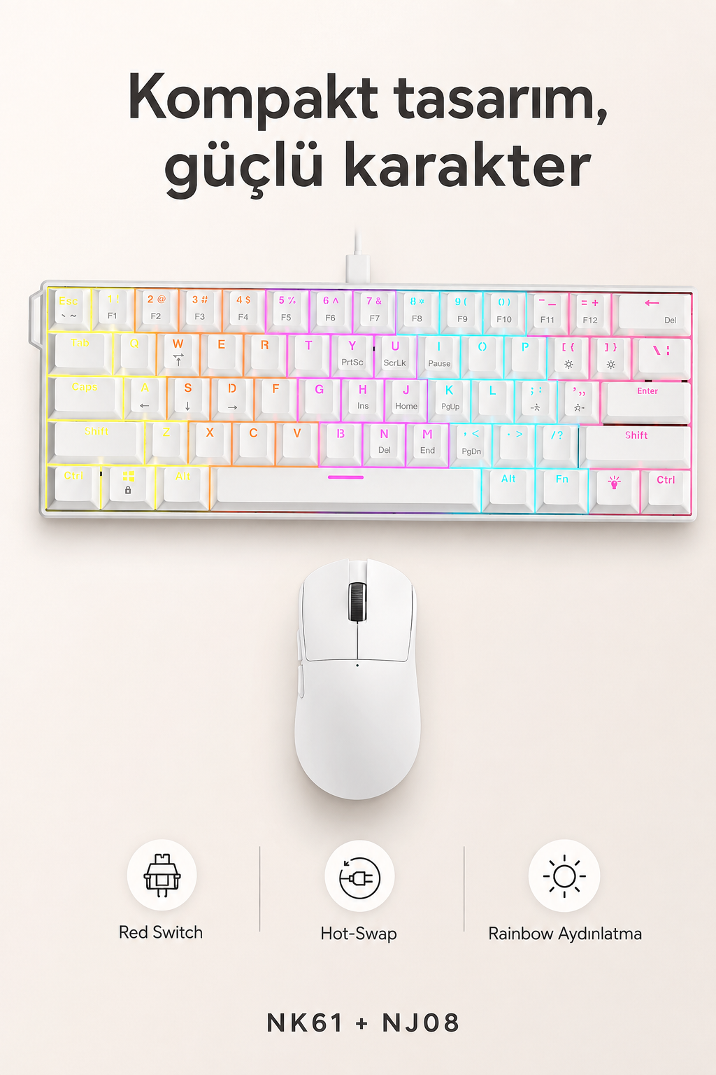 Ajazz NK61 Red Switch Mekanik Klavye ve NJ08 Kablosuz Mouse Seti Beyaz