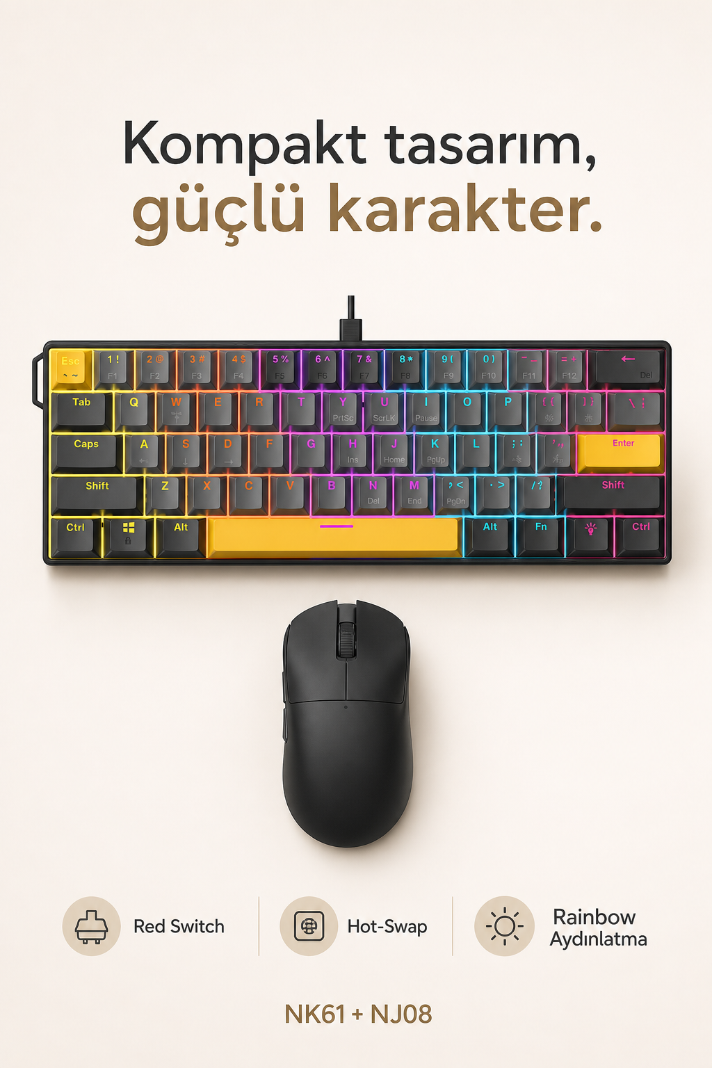 Ajazz NK61 Red Switch Mekanik Klavye ve NJ08 Kablosuz Mouse Seti Sarı-Siyah