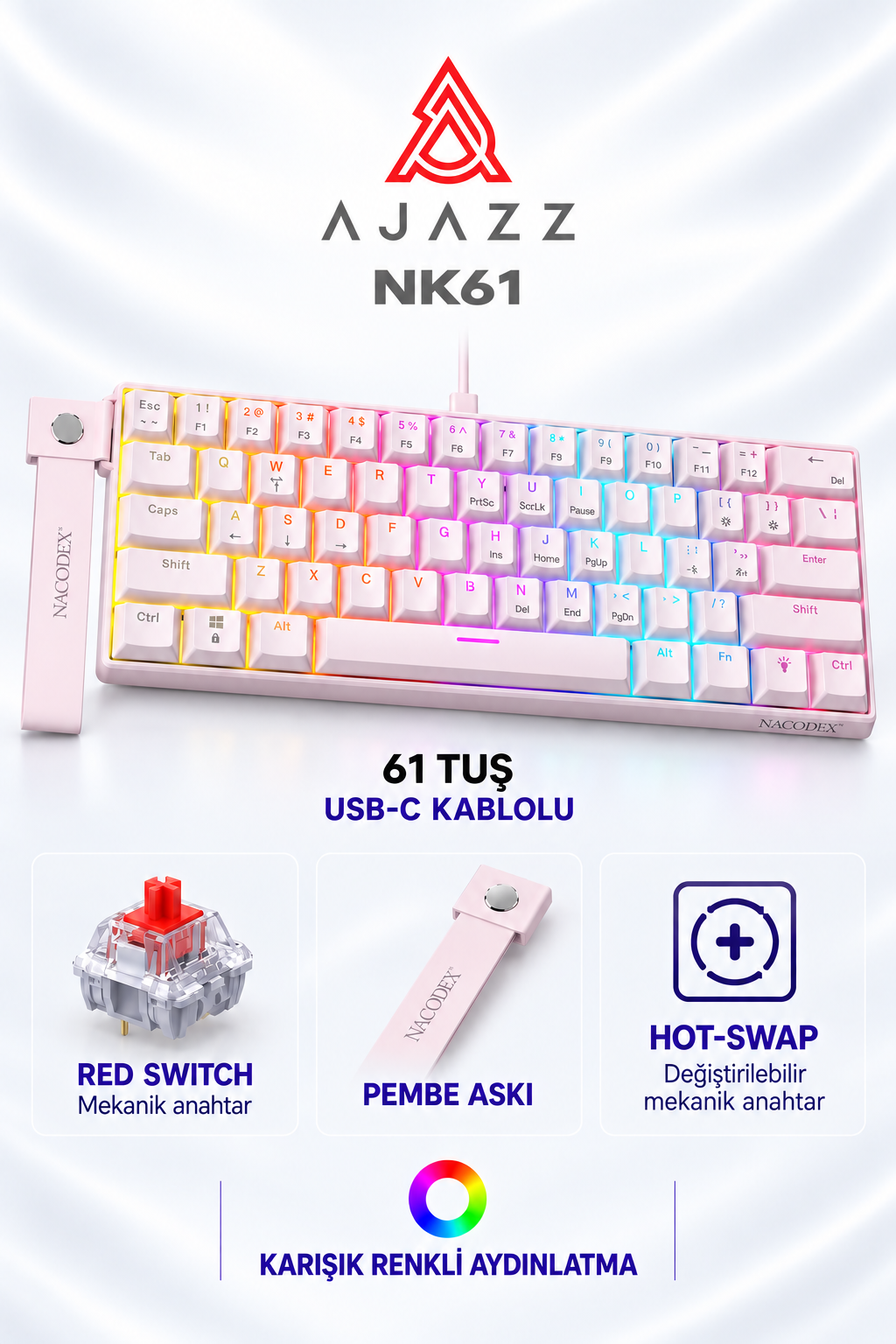 Ajazz NK61 Red Switch 61 Tuş Kablolu Mekanik Oyuncu Klavyesi