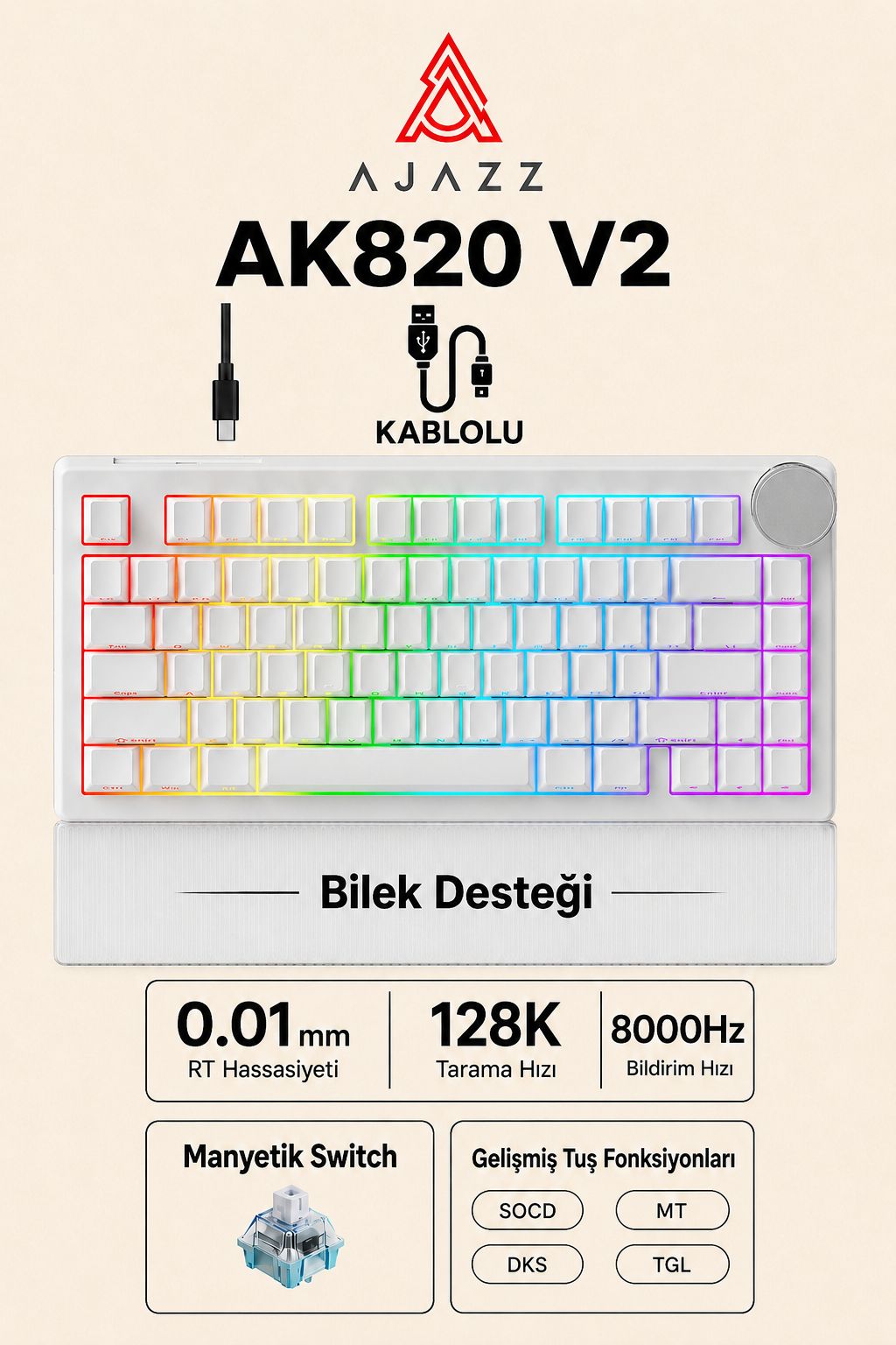AK820 V2 Manyetik Switch Kablolu Oyuncu Klavyesi 8000Hz Rapid Trigger RGB-Bilek Desteği