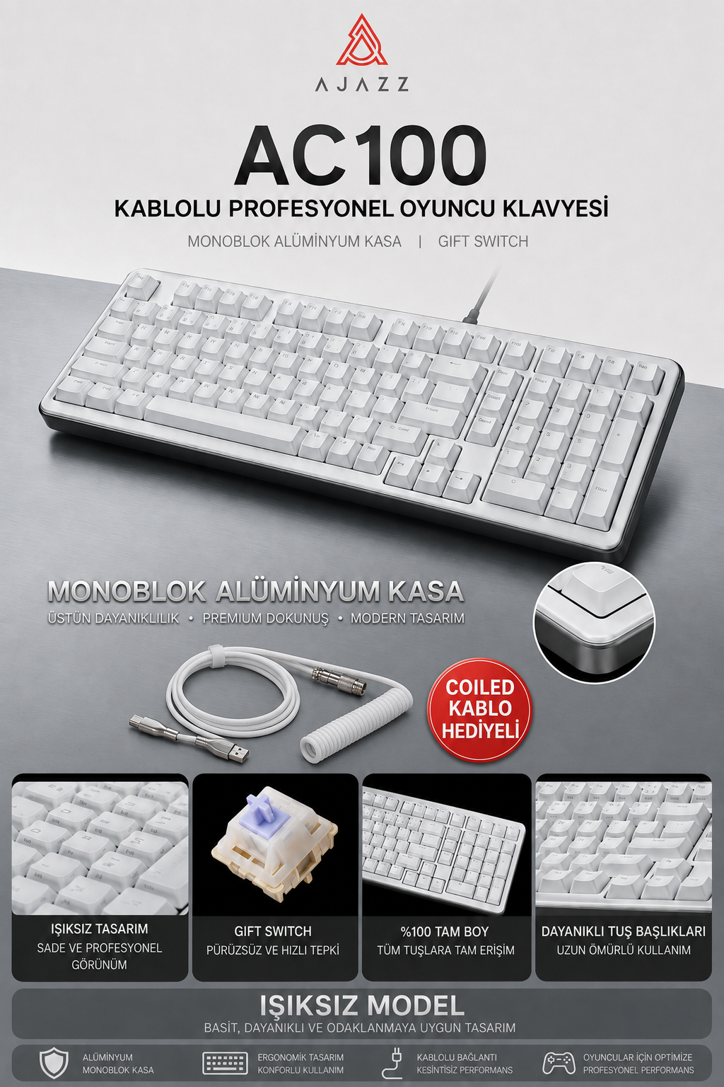Ajazz AC100 Mekanik Klavye Alüminyum Kasa Gift Switch Coiled Kablo Hediyeli