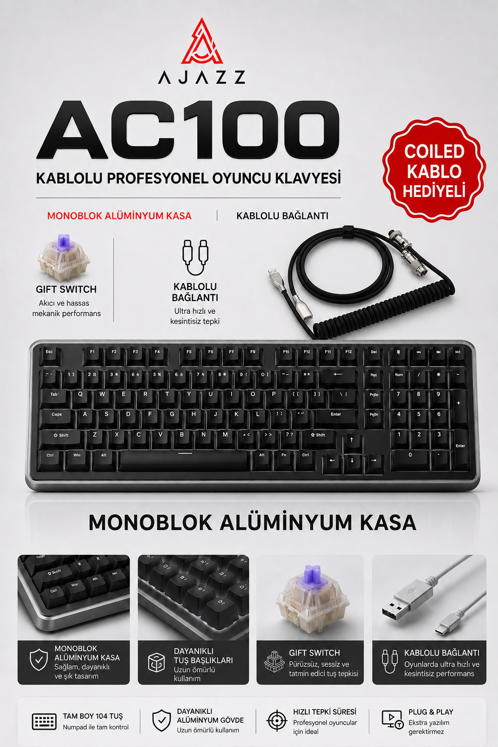 Ajazz AC100 Işıksız Mekanik Klavye Alüminyum Kasa Gift Switch Coiled Kablo Hediyeli