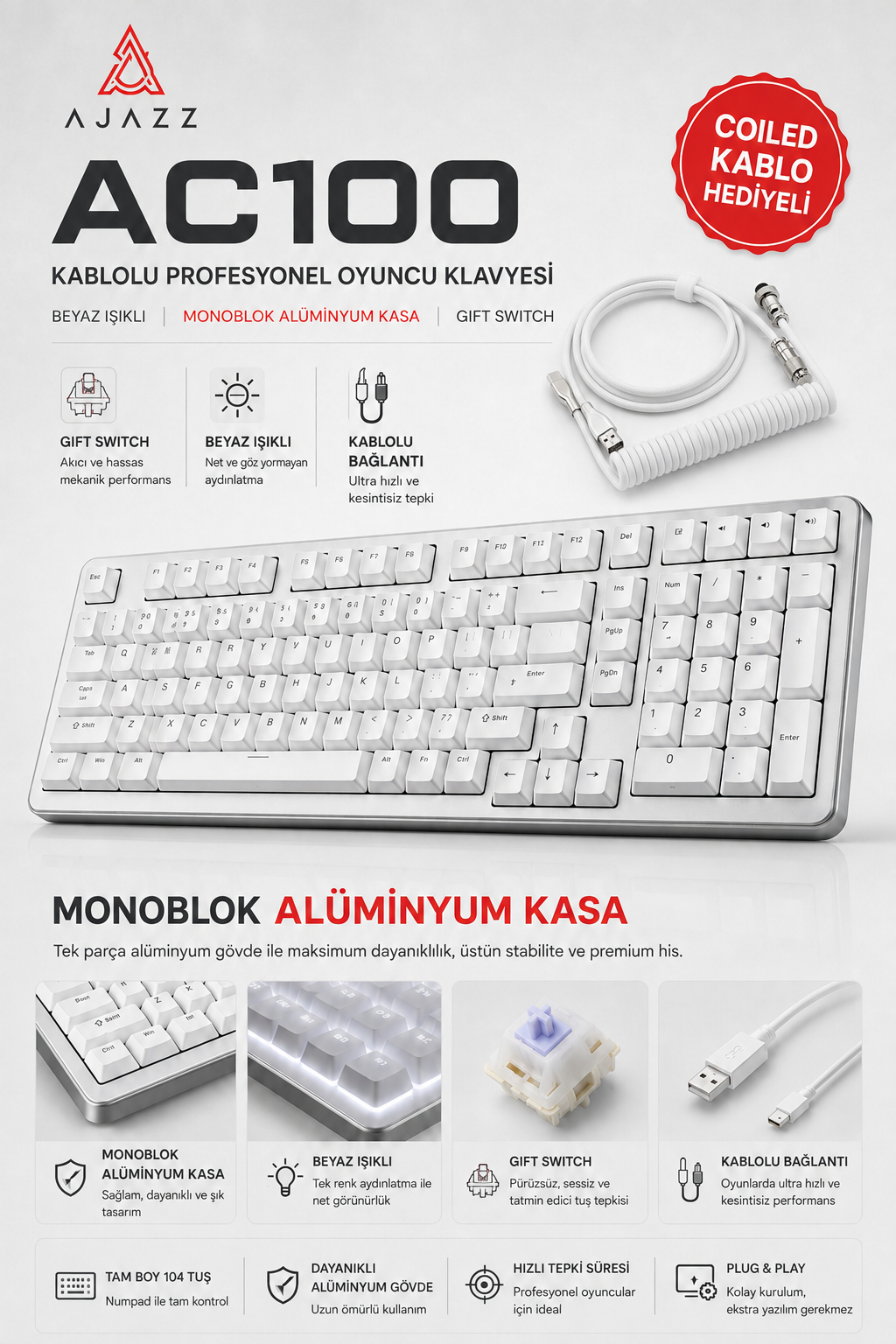 Ajazz AC100 Beyaz Mekanik Klavye Alüminyum Kasa Gift Switch Coiled Kablo Hediyeli