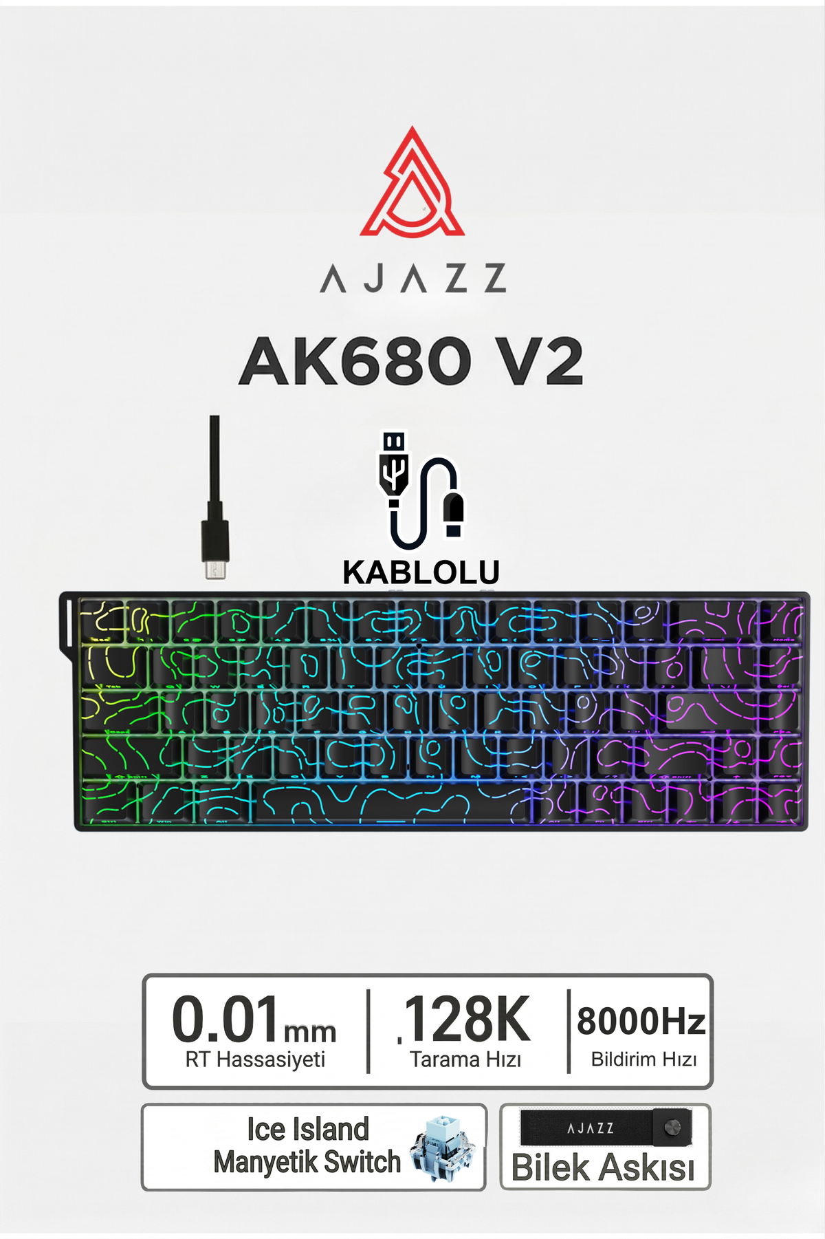 Ajazz Ak680v2 Manyetik Switch Rapid Trigger 8000Hz Klavye-128K Scan Rate-Bilek Askısı
