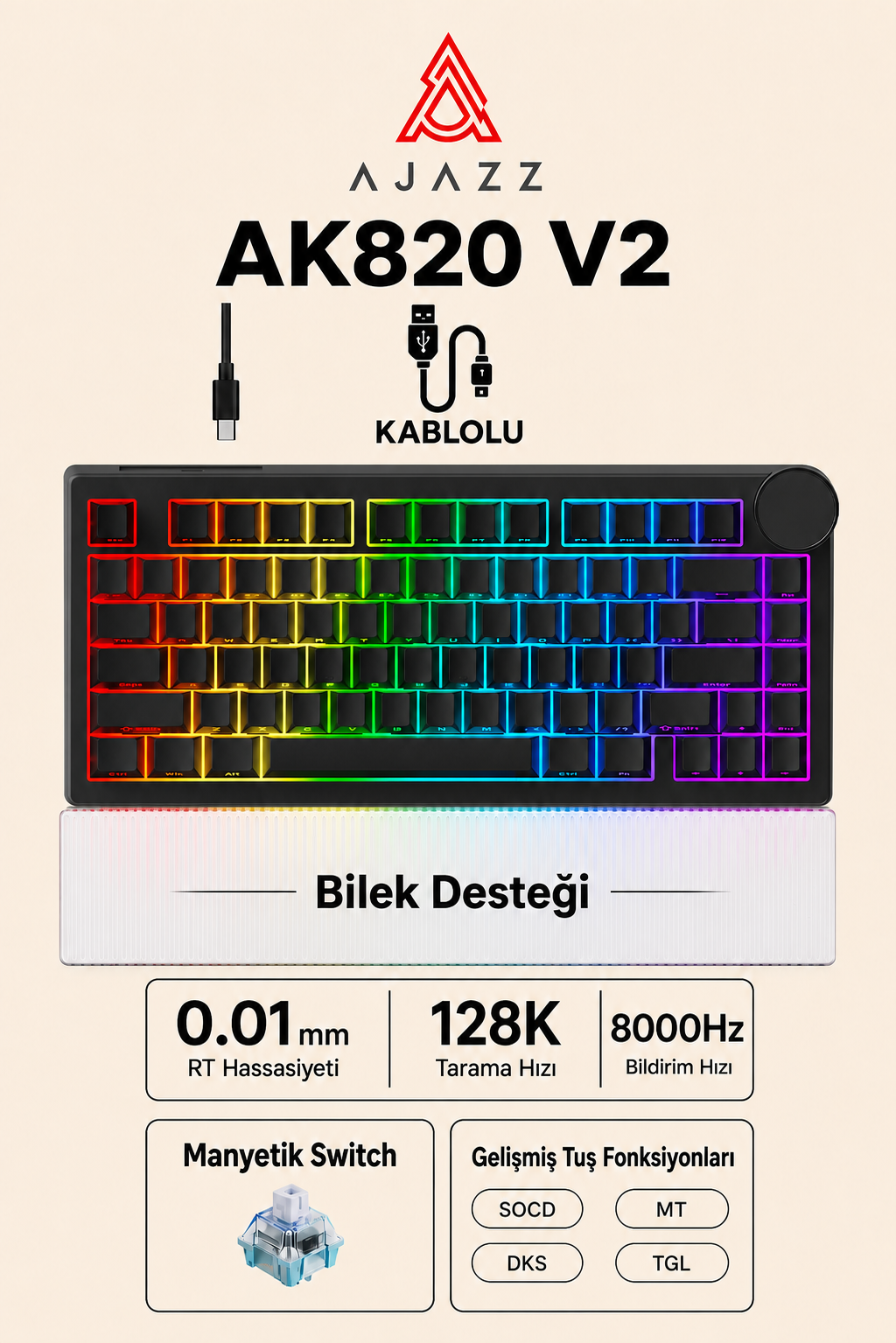 AK820 V2 Manyetik Switch Kablolu Oyuncu Klavyesi 8000Hz Rapid Trigger RGB-Bilek Desteği