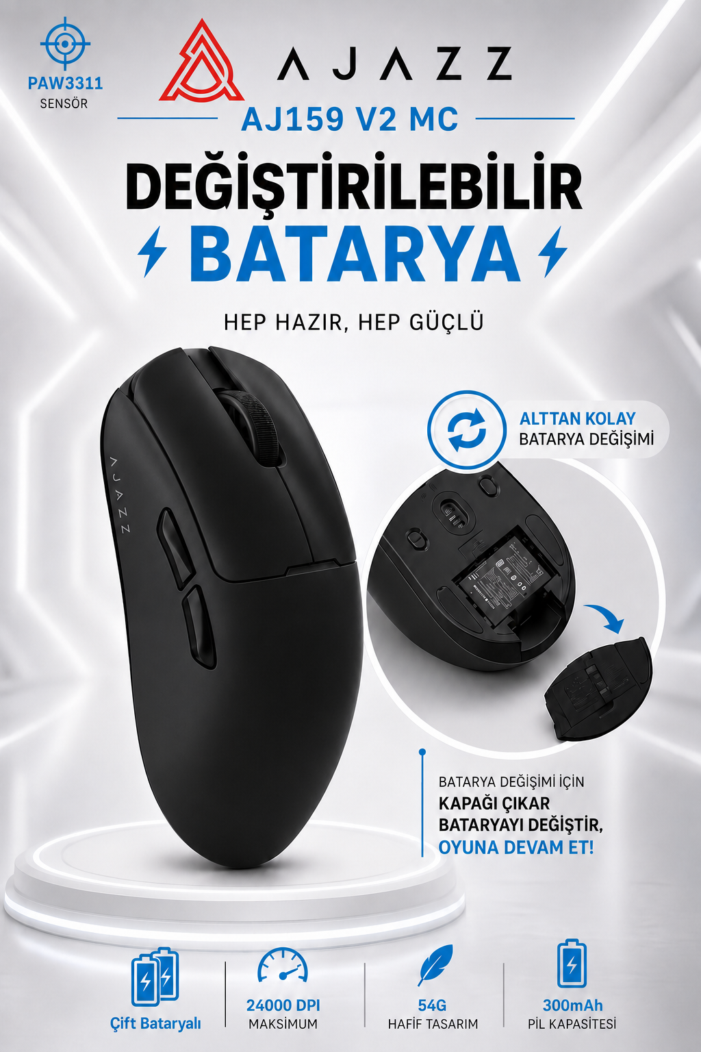 AJ159 V2 MC Kablosuz Oyuncu Mouse | Değiştirilebilir Bataryalı | PAW3311 Sensör | 24.000 DPI
