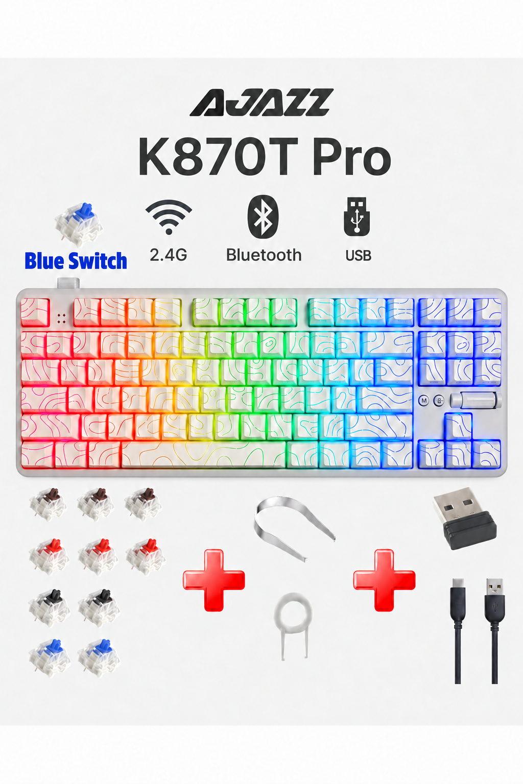 Ajazz K870T pro Kablosuz RGB 3 Modlu Mekanik Oyun Klavyesi-Topografik Desenli
