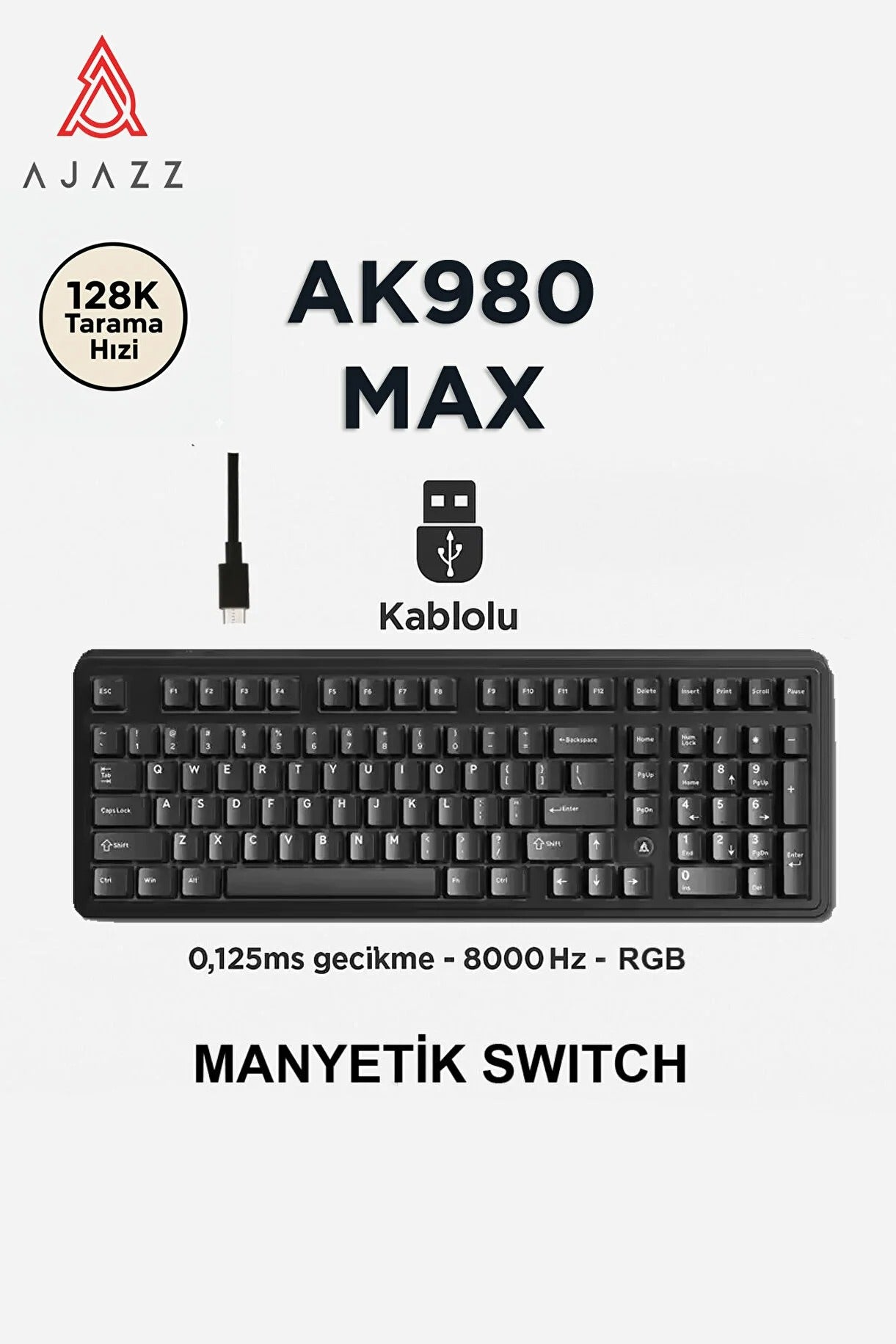 AK980 Max HE Manyetik Switch Klavye- 128K Tarama Hızı-0.125 MS Ultra Düşük Gecikme-8000 Hz