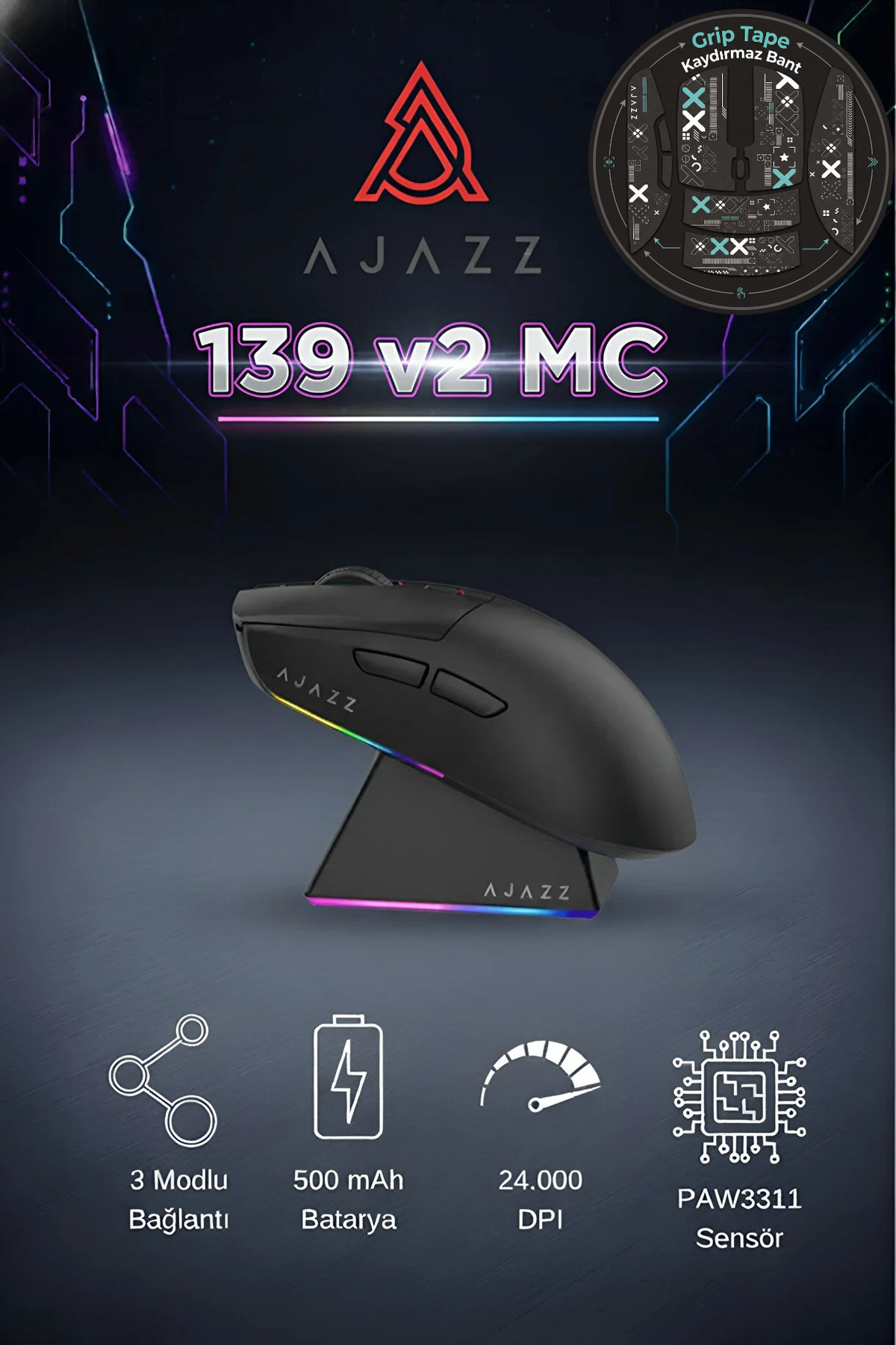 Ajazz 139v2 MC - 3 Modlu Kablosuz Mouse + Grip Tape Hediyeli