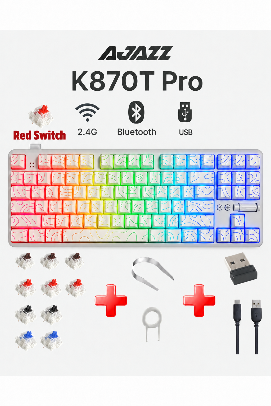 Ajazz K870T pro Kablosuz RGB 3 Modlu Mekanik Oyun Klavyesi-Topografik Desenli