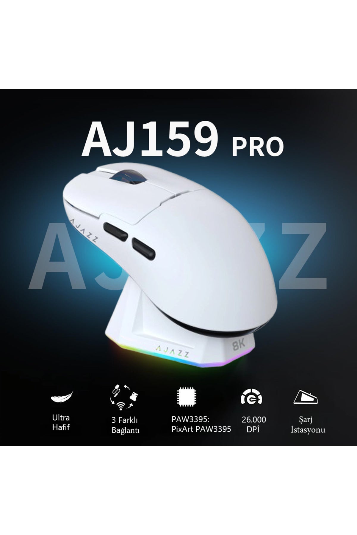 Aj159 Pro Kablosuz (3 MODLU) 8.000 Hz-26.000dpı Oyuncu Mouse Paw3395 Sensör Rgb Şarj Istasyonu
