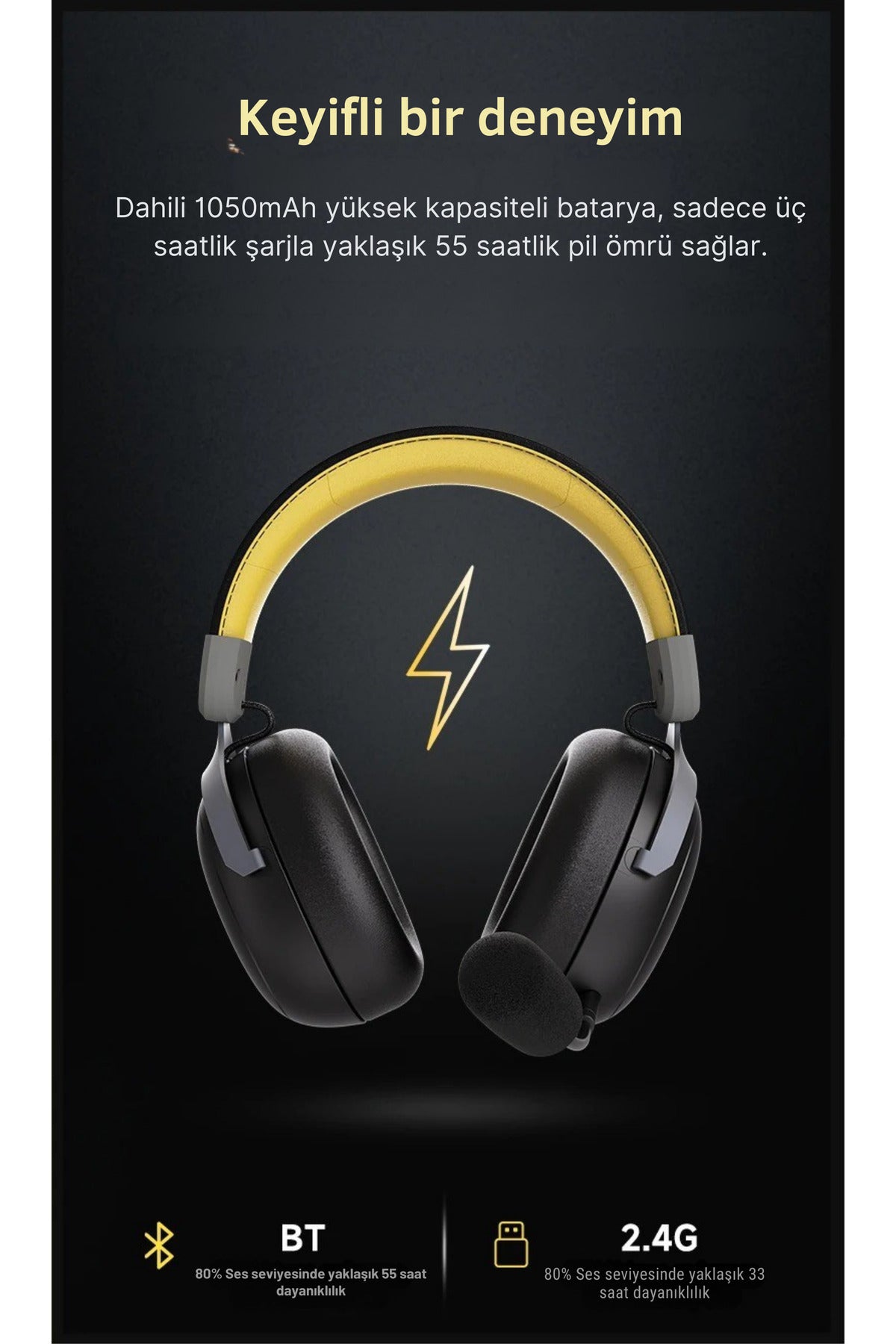 AHM-08 MAX Kablosuz Mikrofonlu Oyuncu Kulaklığı 3Modlu Kullanım-53mm Kompozit Driver-10 Saat Çalışma