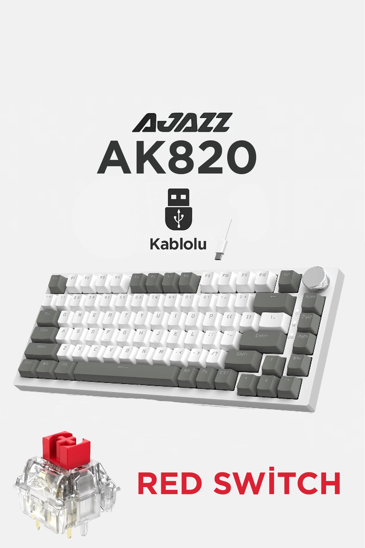 AK820 Kablolu Mekanik Oyun Klavyesi , Beyaz Işıklı, Beyaz-Gri, 82 Tuş, Hot Swap, Anti Ghosting