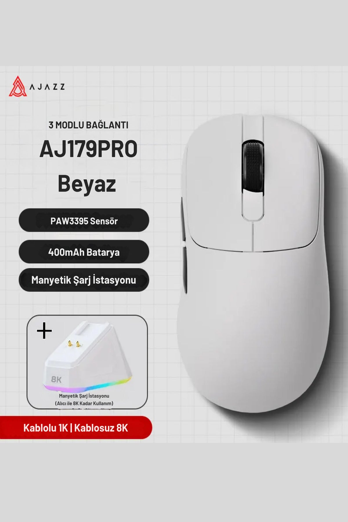 Aj179 Pro Kablosuz (3 modlu) 8K-26.000DPI Oyuncu Mouse PAW3395 Sensör RGB Manyetik Şarj İstasyonu
