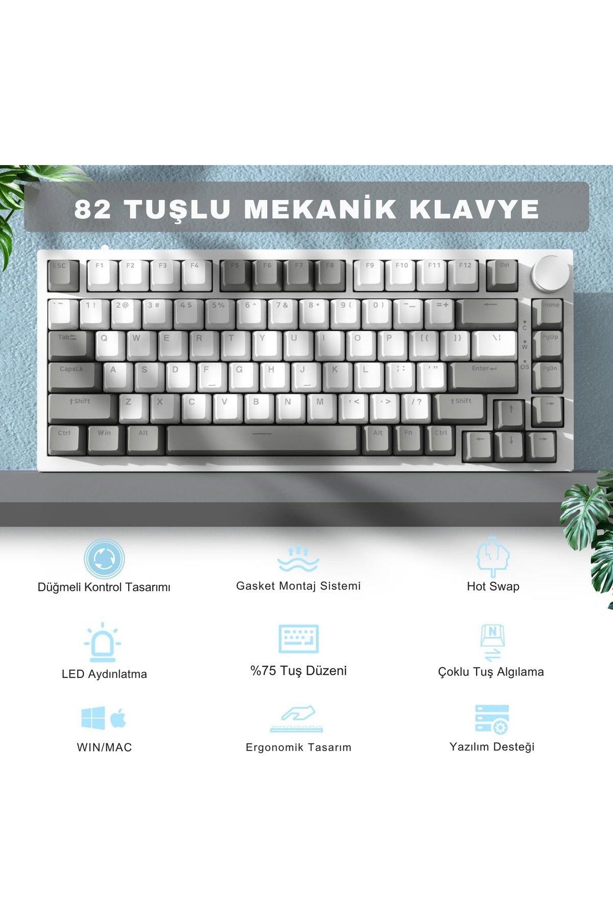 AK820 Kablolu Mekanik Oyun Klavyesi , Beyaz Işıklı, Beyaz-Gri, 82 Tuş, Hot Swap, Anti Ghosting