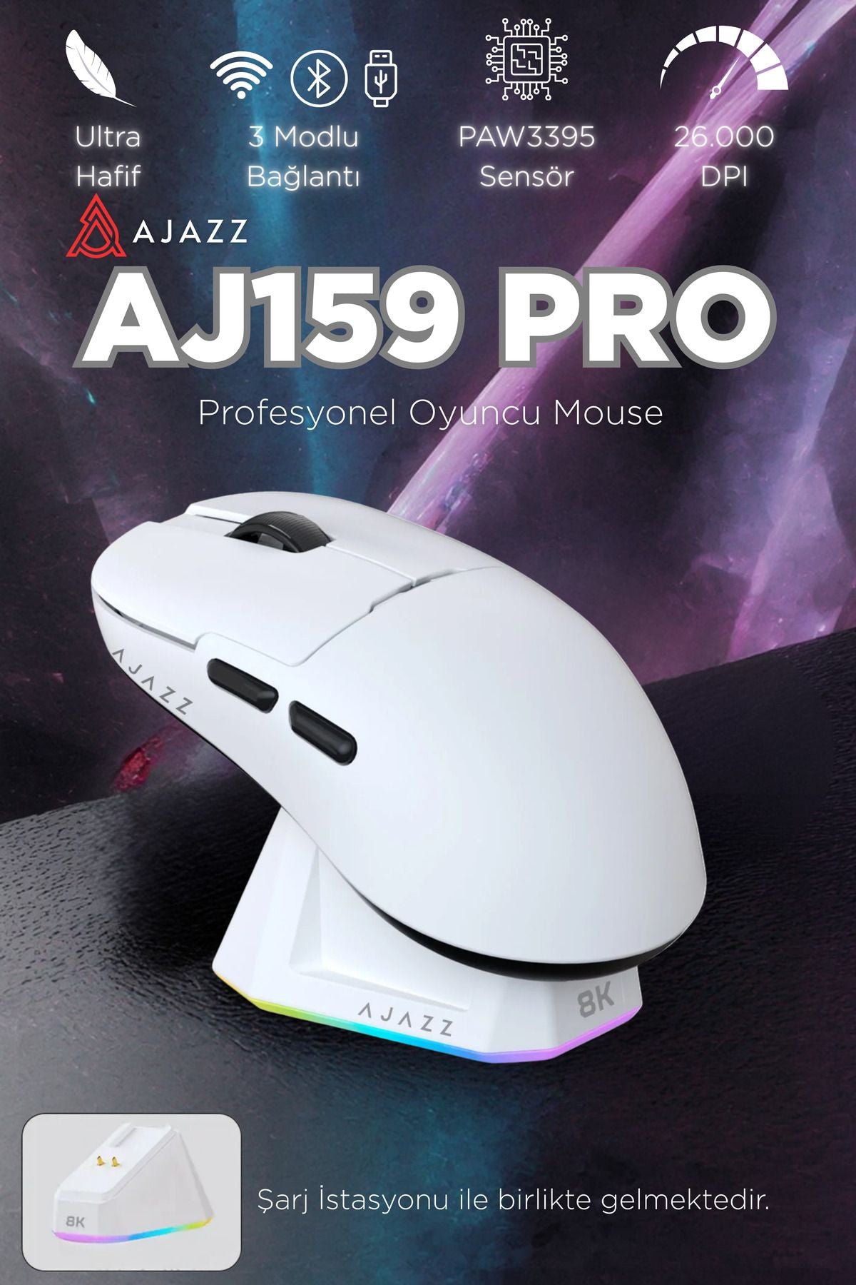 Aj159 Pro Kablosuz (3 MODLU) 8.000 Hz-26.000dpı Oyuncu Mouse Paw3395 Sensör Rgb Şarj Istasyonu