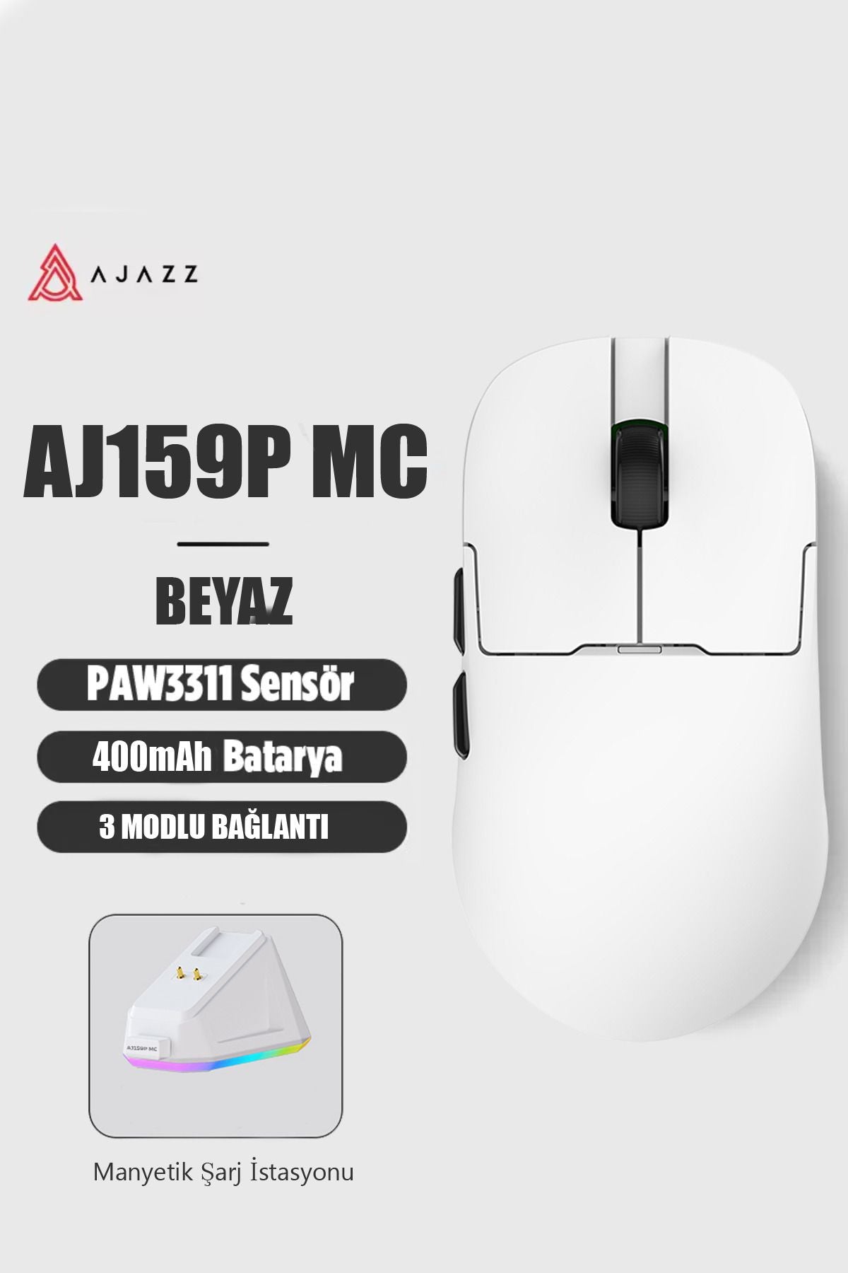 AJ159P MC 3 Modlu 1000Hz 12.000 DPI Manyetik Şarj İstasyonlu PAW 3311 Optik Sensör Gaming Mouse