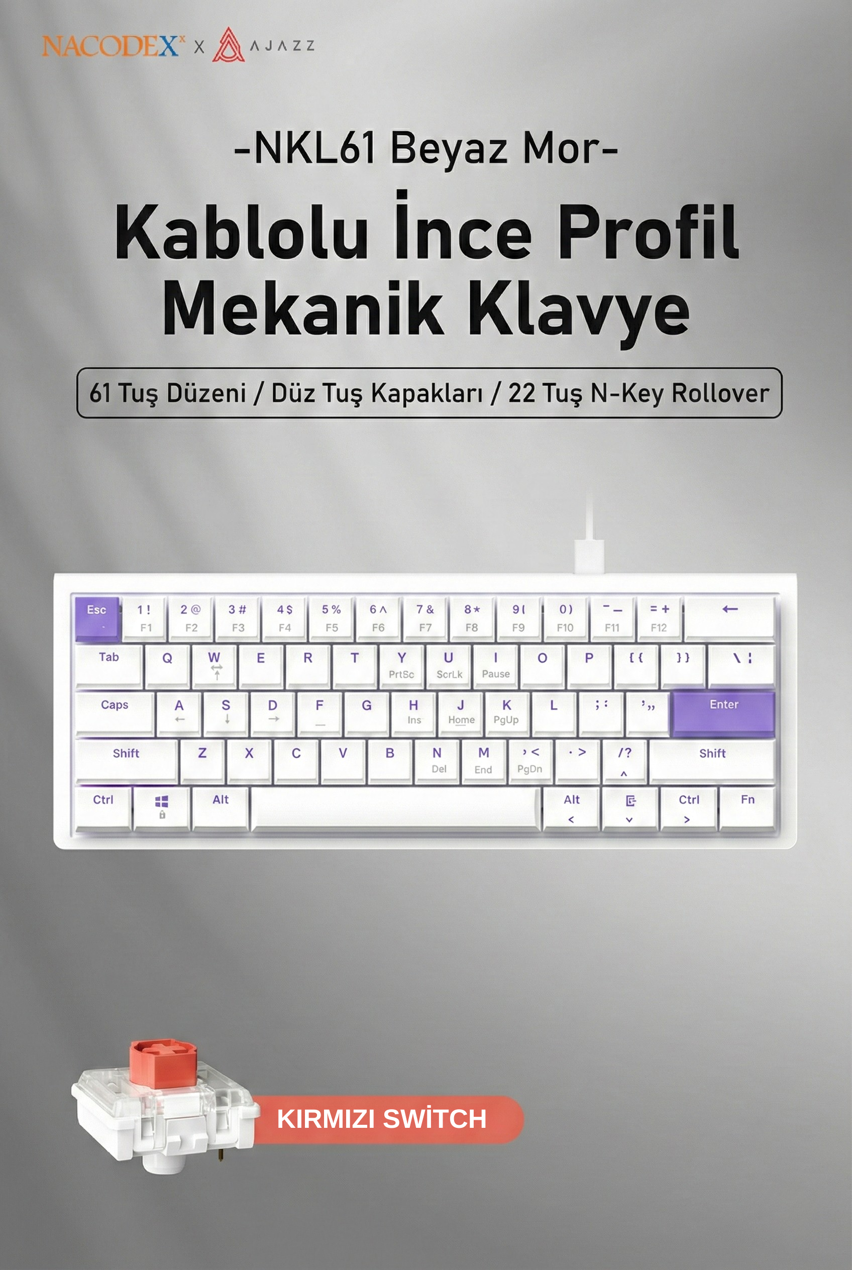 Nacodex NKL61- Low Profil Switch Kablolu Mekanik Oyun Klavyesi- IŞIKSIZ
