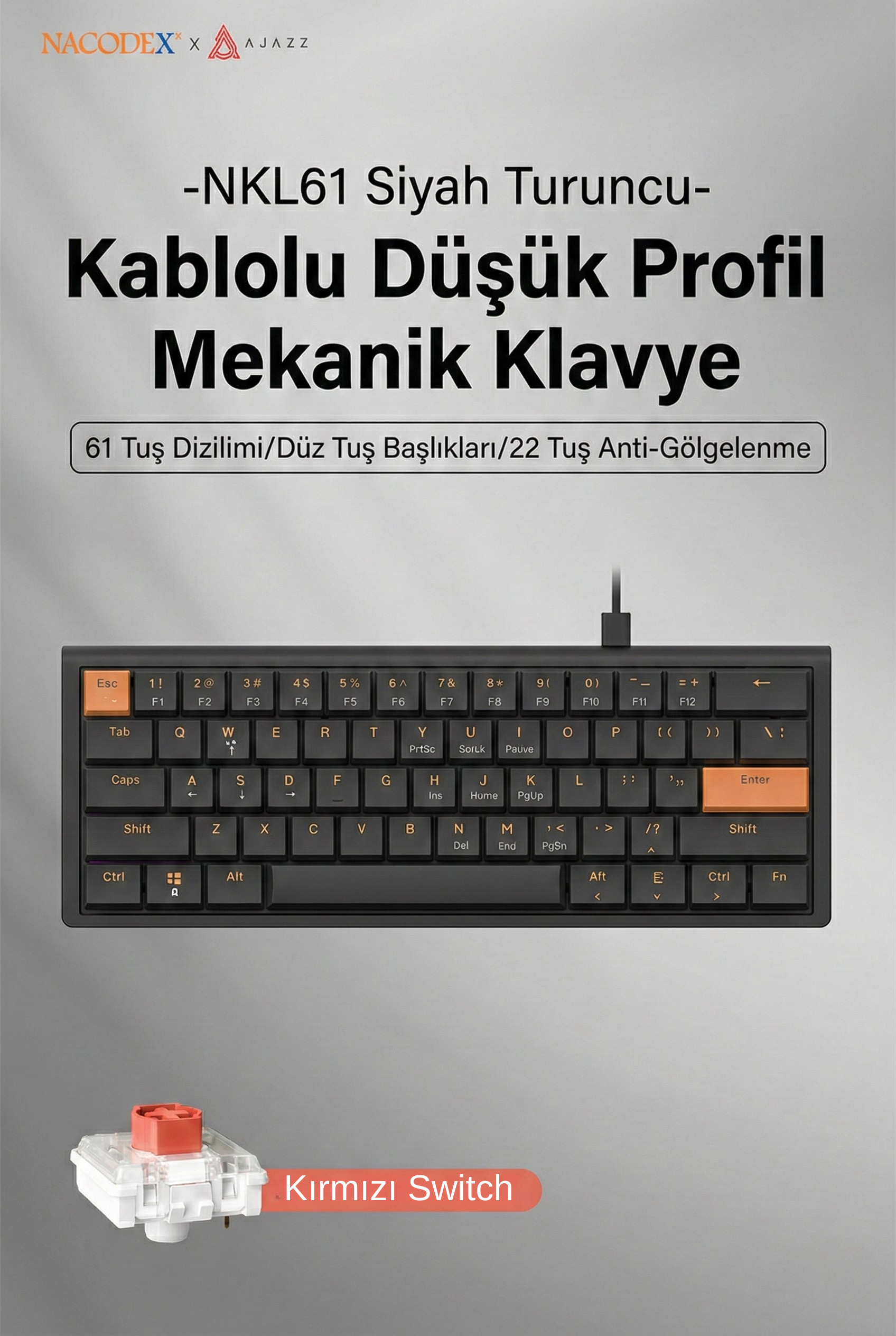 Nacodex NKL61- Low Profil Switch Kablolu Mekanik Oyun Klavyesi- IŞIKSIZ