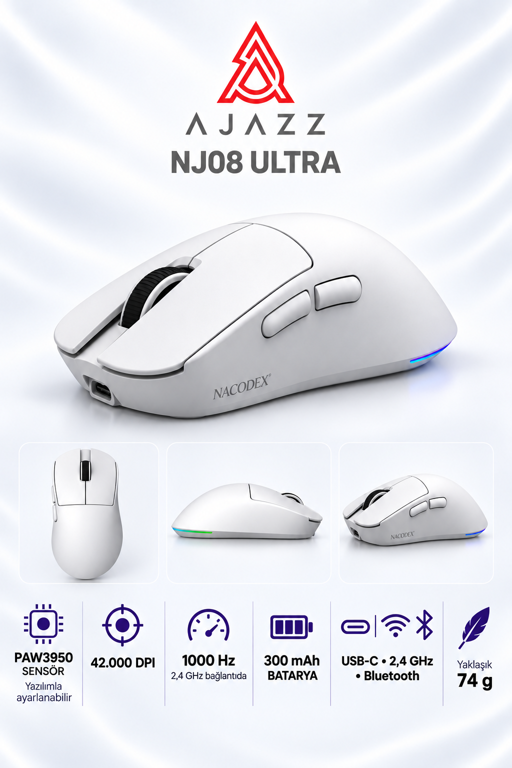 Ajazz NJ08 Ultra PAW3950 1000 Hz Kablosuz Oyuncu Mouse