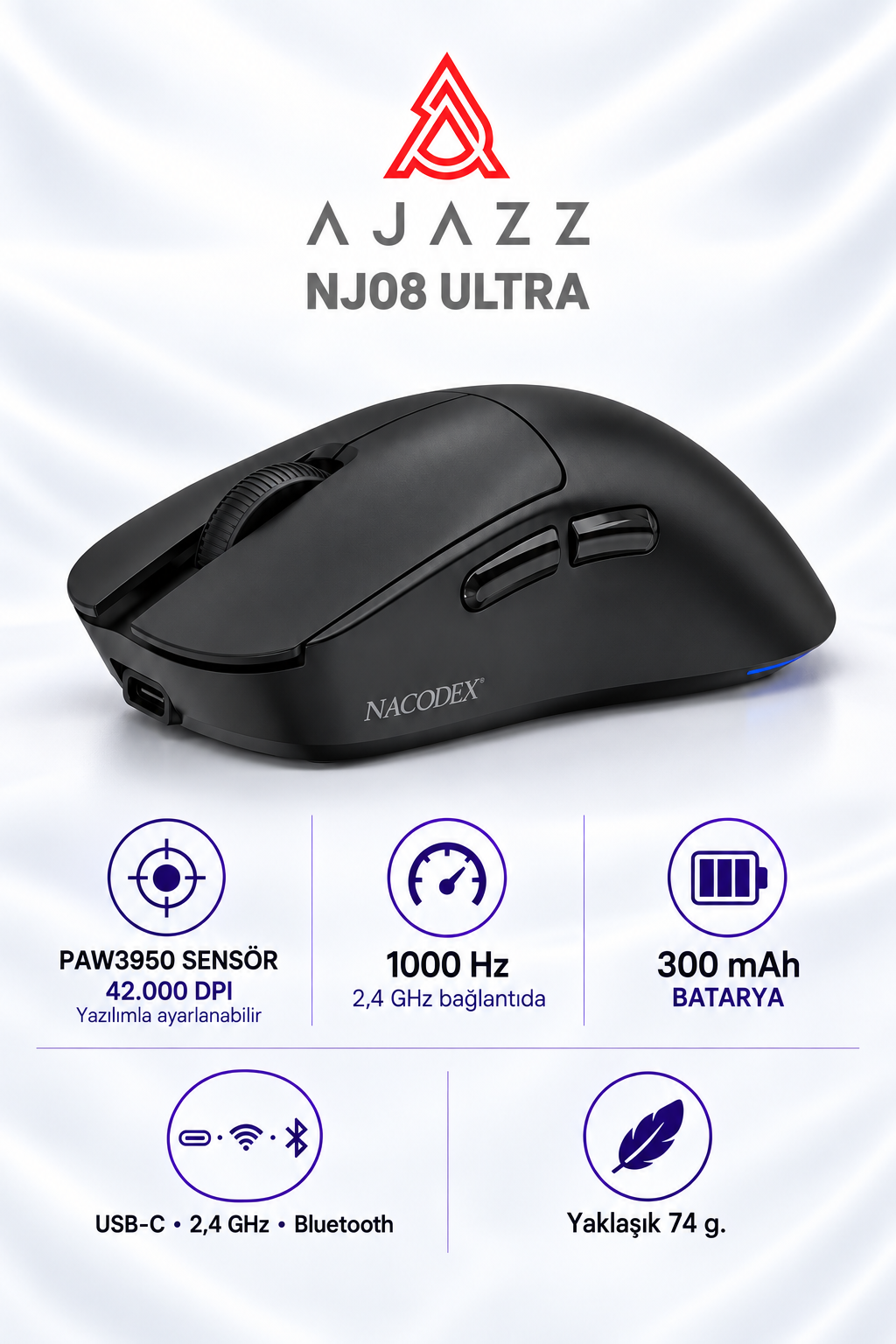 Ajazz NJ08 Ultra PAW3950 1000 Hz Kablosuz Oyuncu Mouse