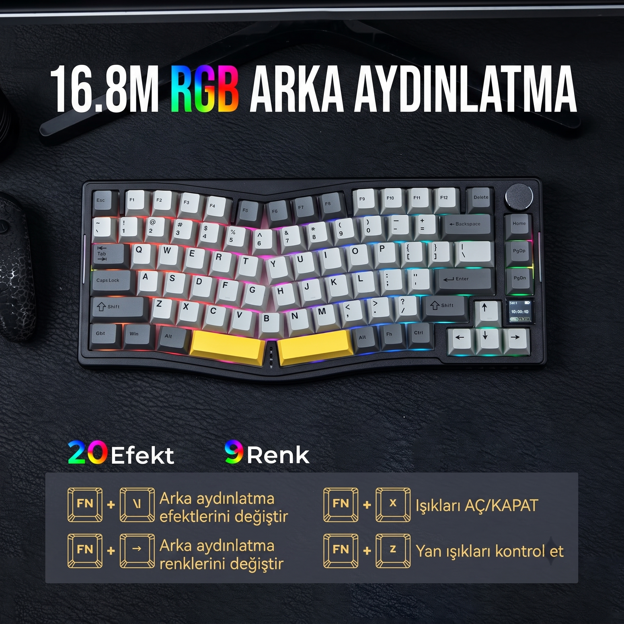 AKS075 Ergonomik DayDream Switch-Mekanik Klavye-BT5.1/2.4GWireless/USB Kablolu-HotSwap Dinamik RGB - Siyah