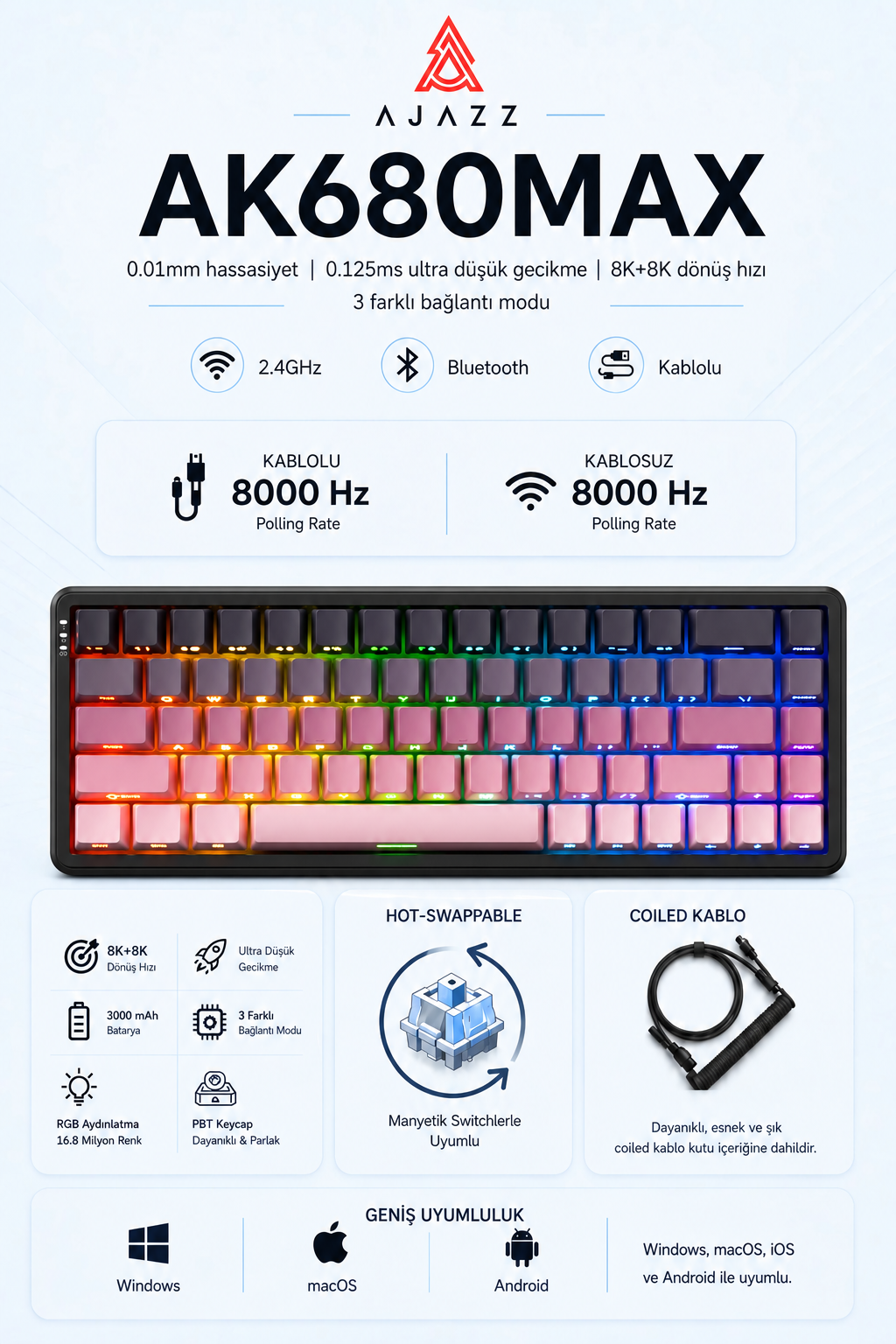 Ajazz Ak680 Max Kablosuz Manyetik Switch Mekanik Oyun Klavyesi-rapid Trigger-0.125 Ms Gecikme
