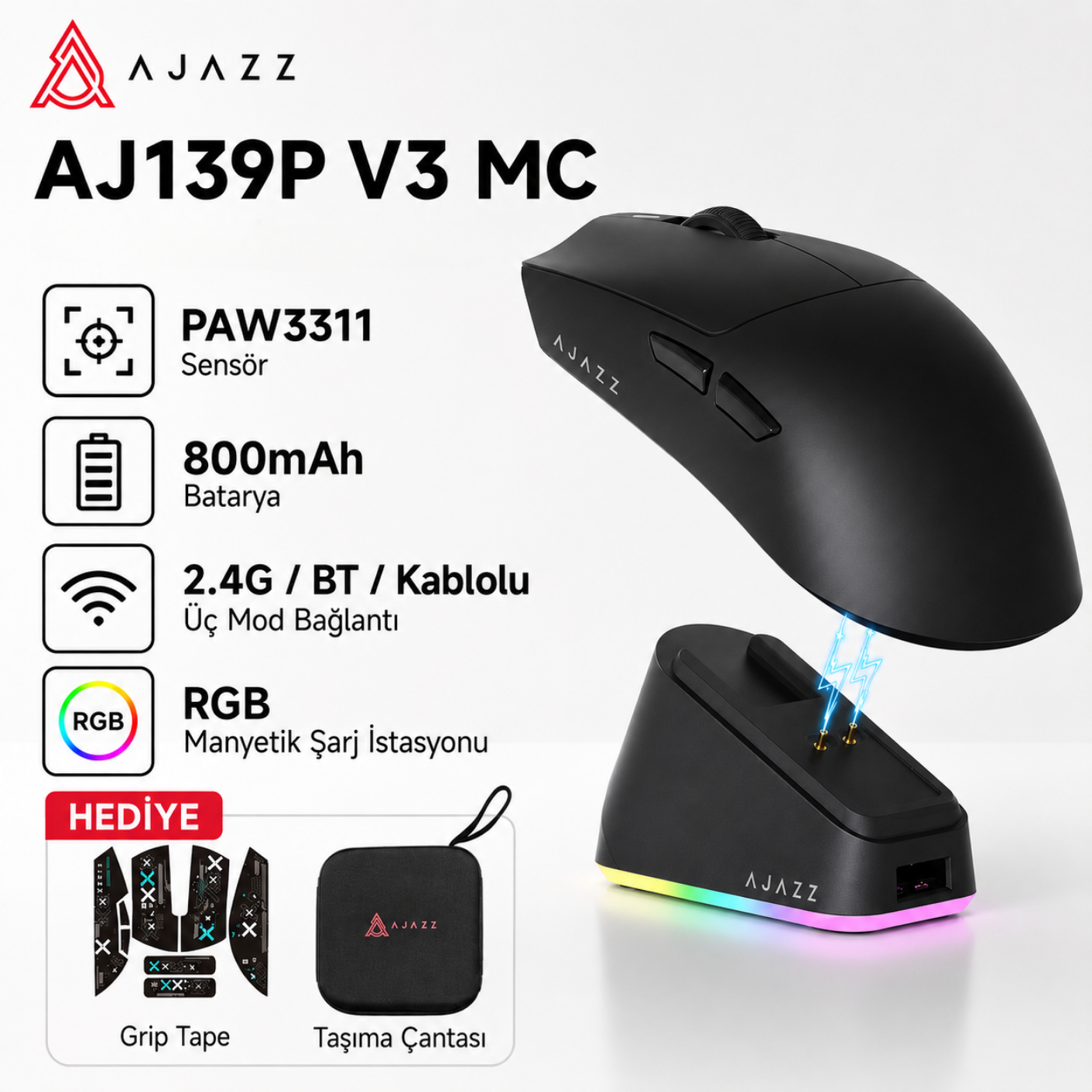 Ajazz Aj139P V3 MC Kablosuz Oyuncu Mouse-800 Mah Batarya RGB Şarj İstasyonu Çanta ve Tape