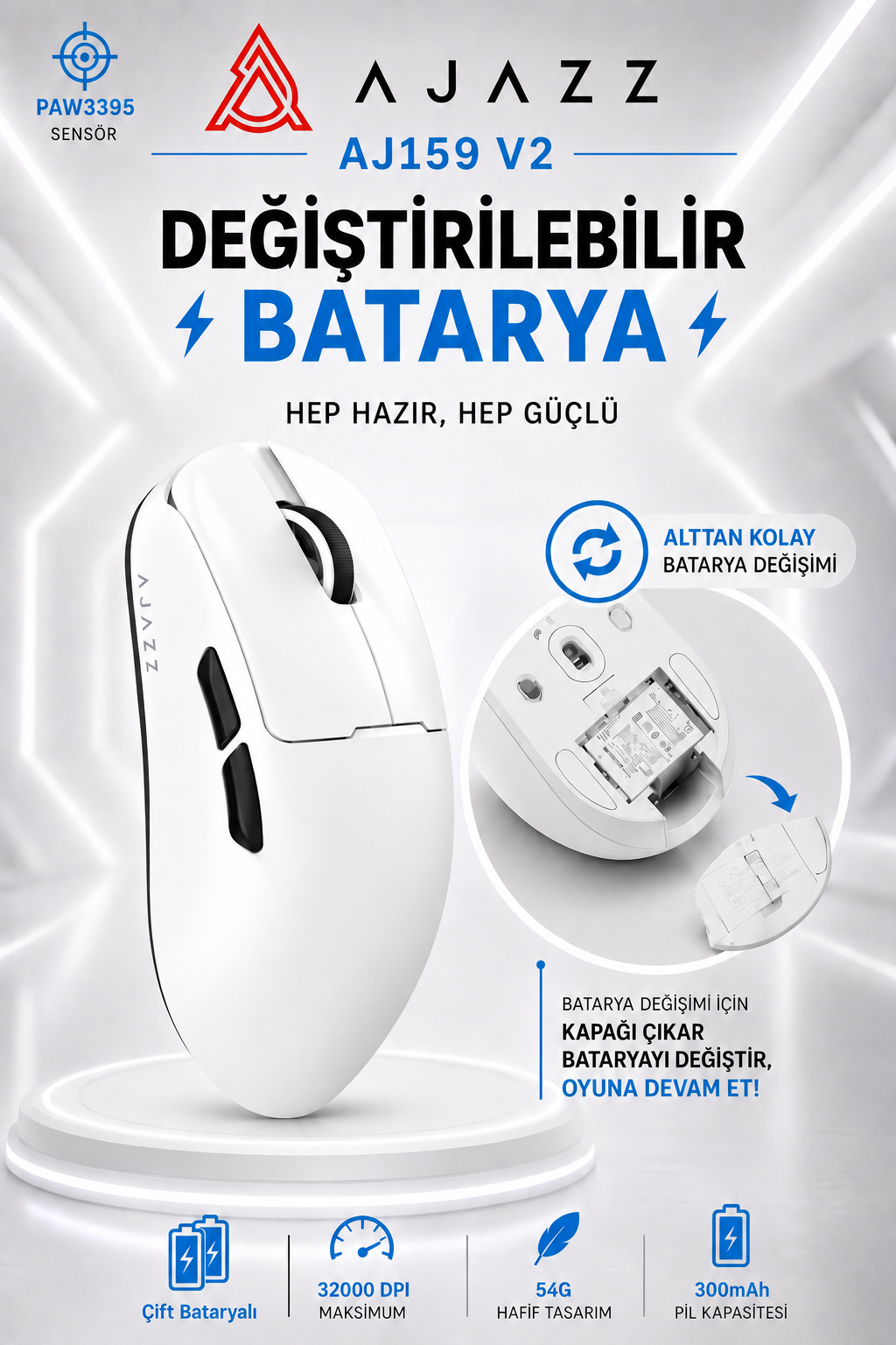 AJ159 V2 Profesyonel Oyuncu Mouse 3 Modlu Bağlantı 54g Hafif Tasarım Değiştirilebilir Batarya 32000 DPI