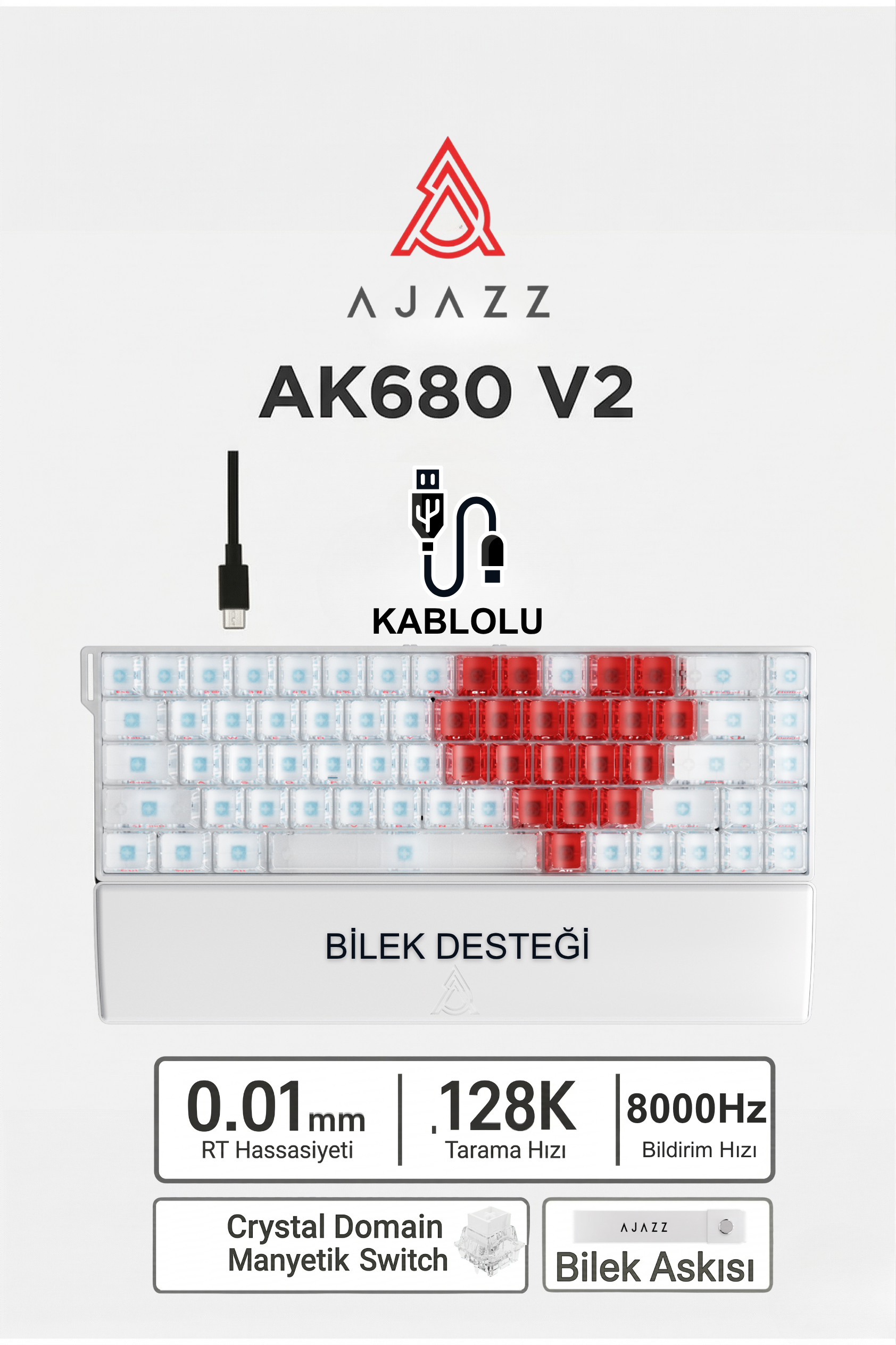 Ajazz Ak680v2 Manyetik Switch Rapid Trigger 8000Hz Klavye-128K Scan Rate-Bilek Askısı