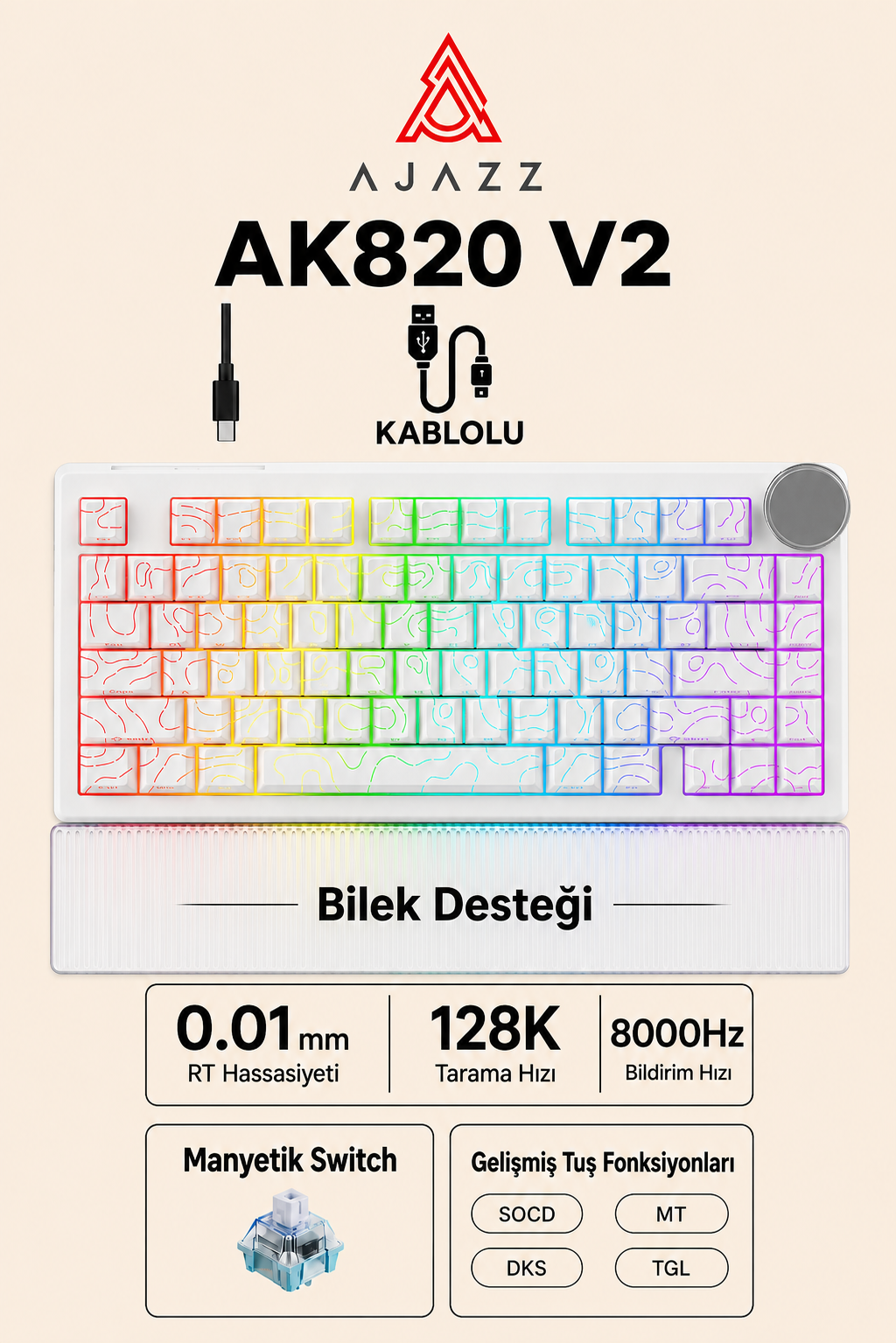 AK820 V2 Manyetik Switch Kablolu Oyuncu Klavyesi 8000Hz Rapid Trigger RGB