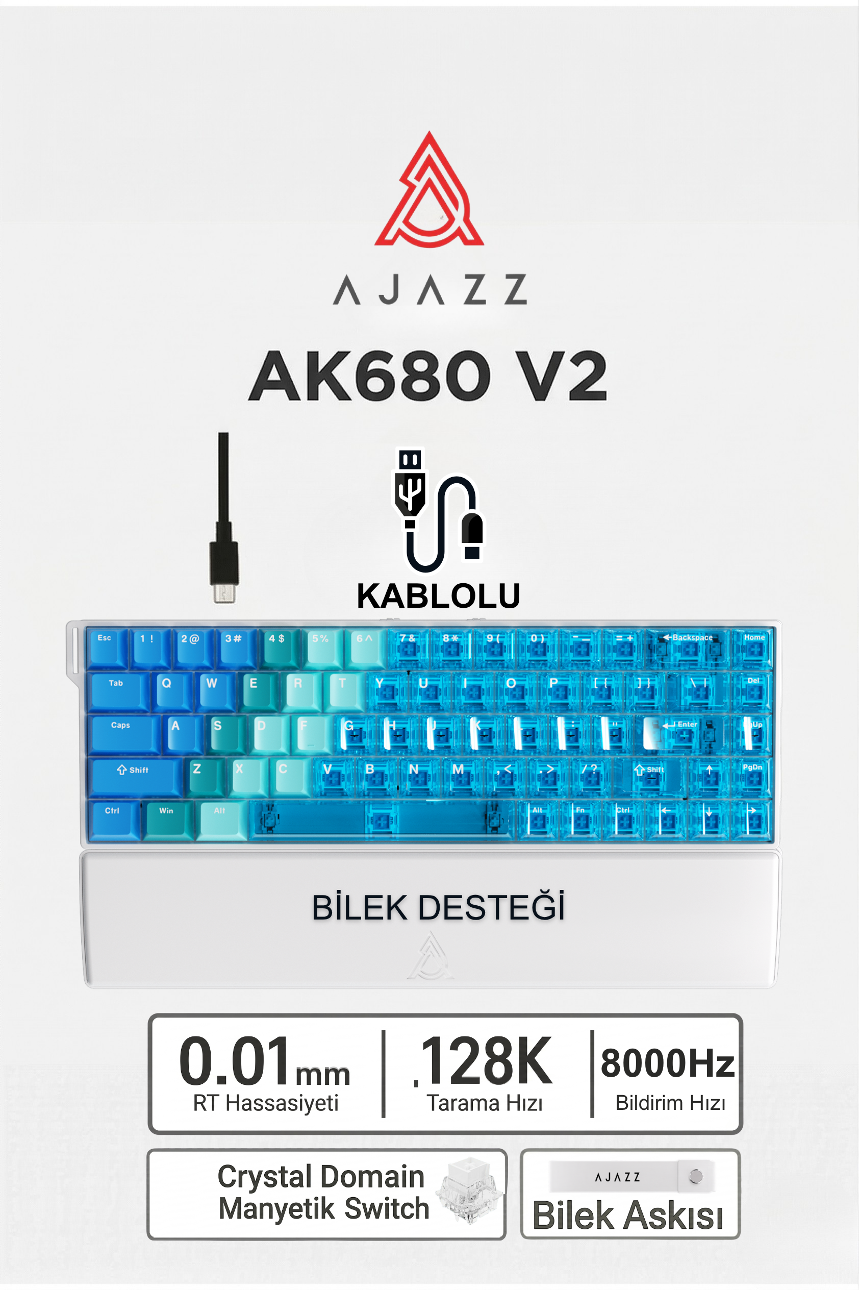 Ajazz Ak680v2 Manyetik Switch Rapid Trigger 8000Hz Klavye-128K Scan Rate-Bilek Askısı