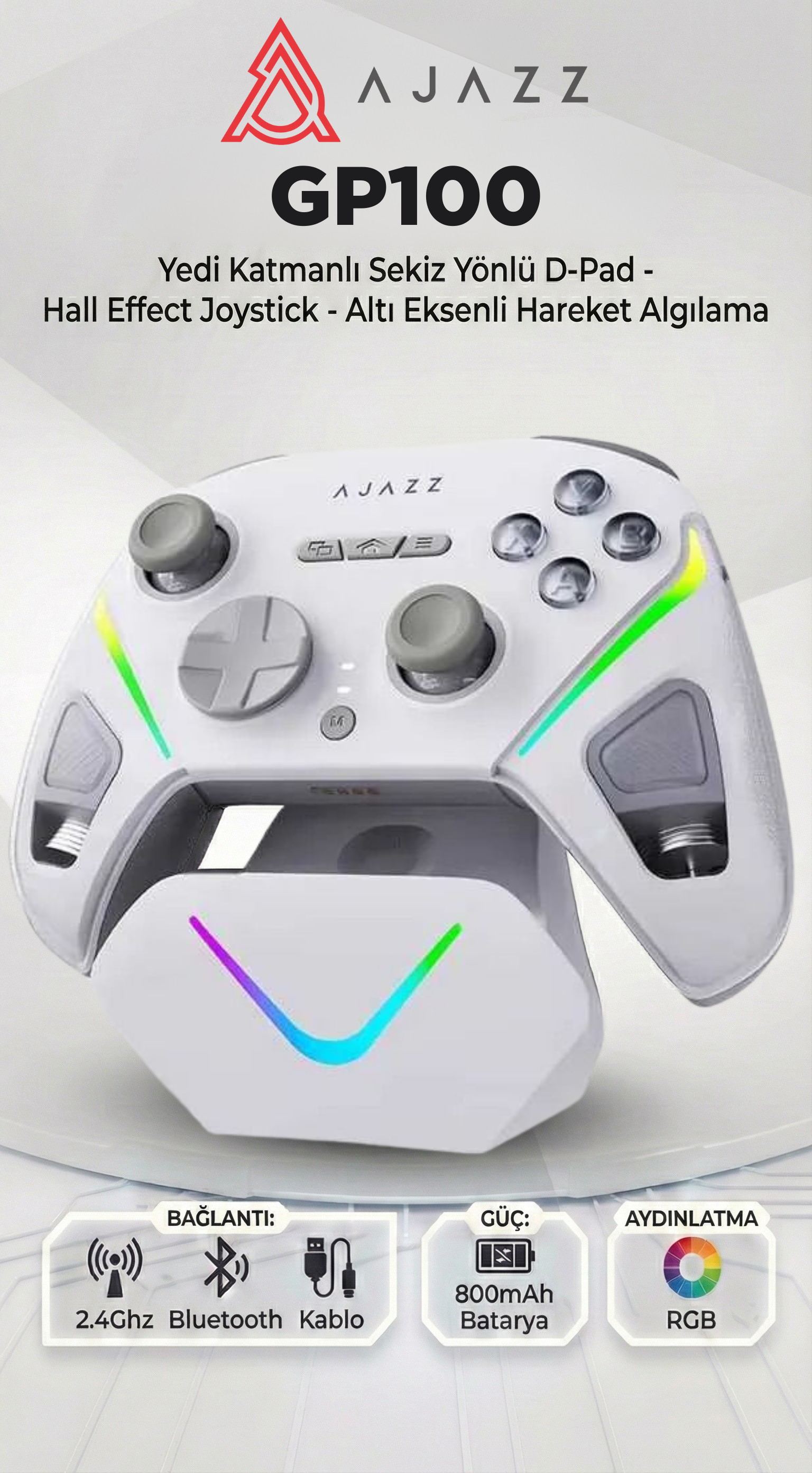 GP100 Oyun Kolu- 3 Modlu (BT5.3, Kablolu, 2.4G) 800 Mah Batarya- Şarj Standı