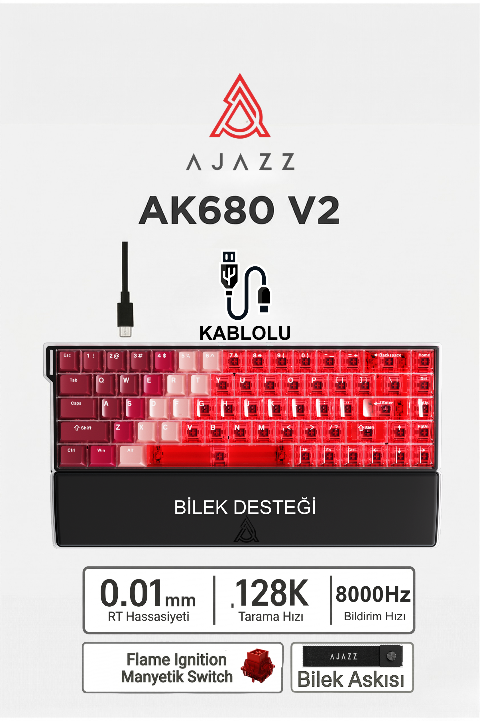 Ajazz Ak680v2 Manyetik Switch Rapid Trigger 8000Hz Klavye-128K Scan Rate-Bilek Askısı