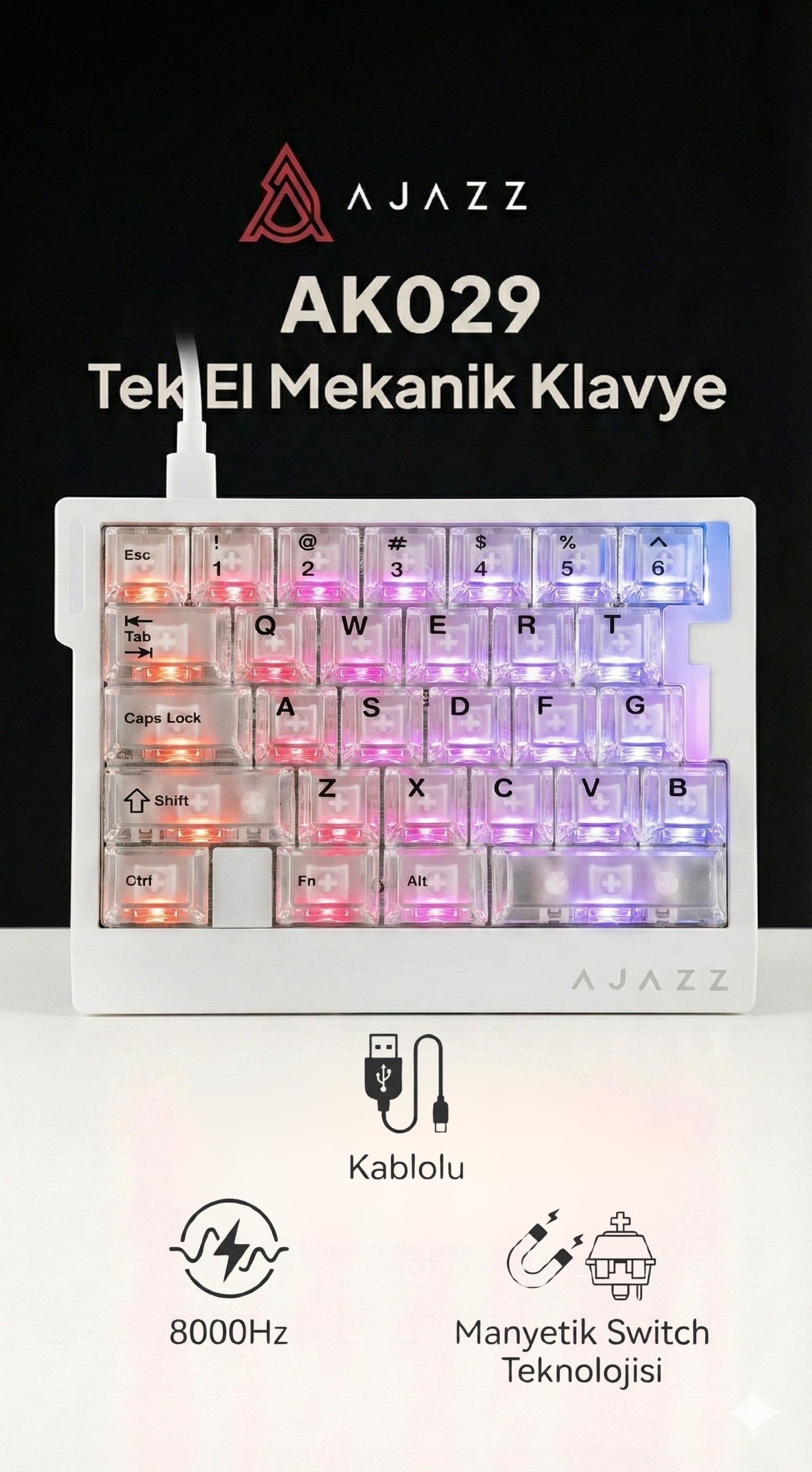 AK029 Tek El Kablolu Manyetik Switch Oyun Klavyesi - 29 Tuş - RGB
