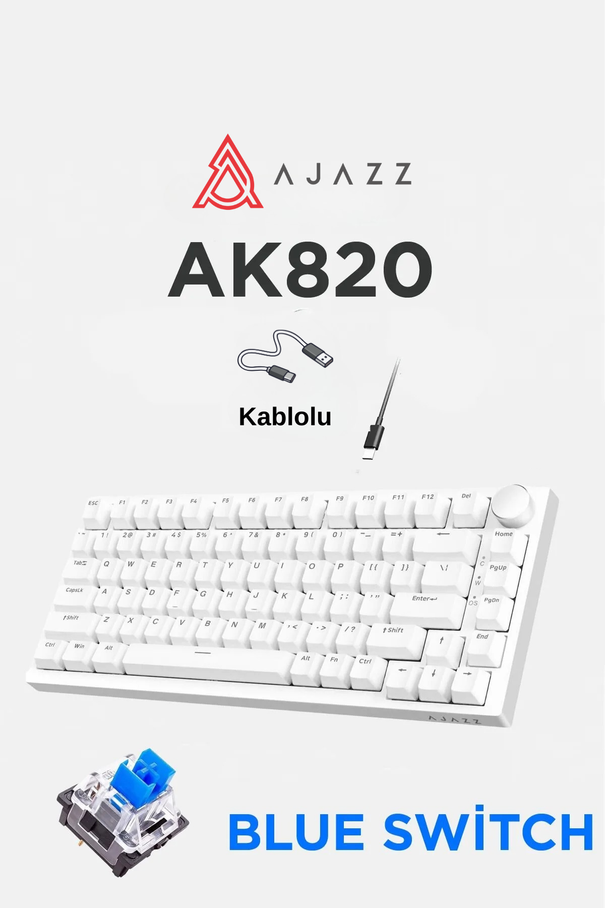 AK820 Kablolu Mekanik Oyun Klavyesi , Beyaz Işıklı, Beyaz-Gri, 82 Tuş, Hot Swap, Anti Ghosting