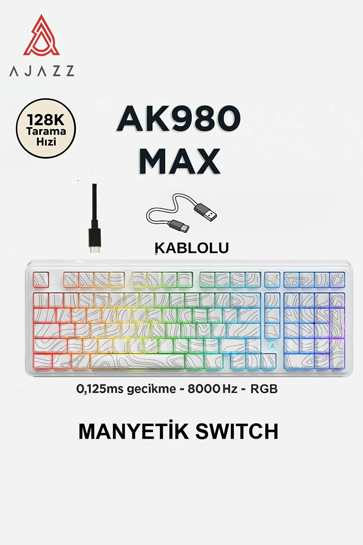 AK980 Max HE Manyetik Switch Klavye- 128K Tarama Hızı-0.125 MS Ultra Düşük Gecikme-8000 Hz