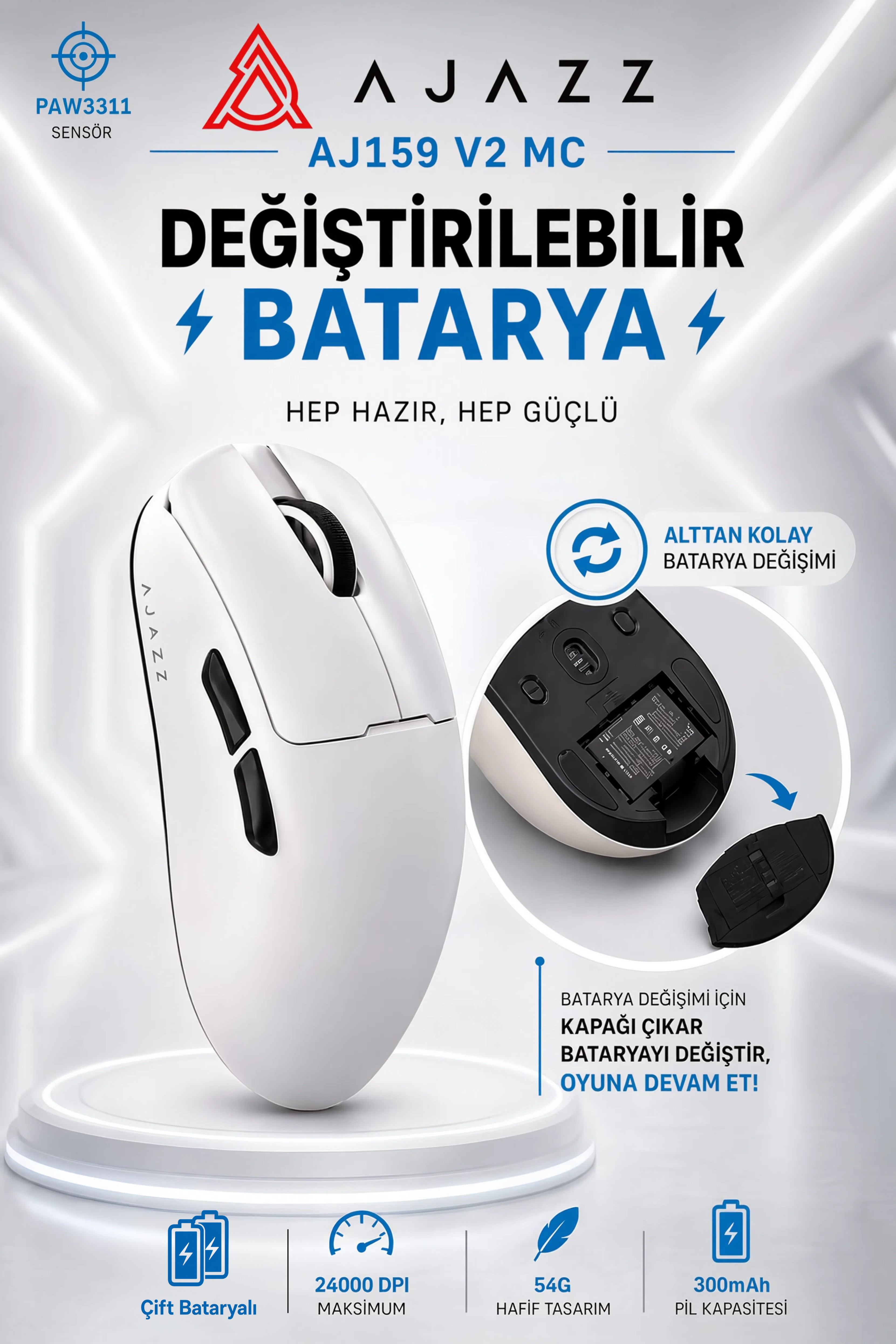 AJ159 V2 MC Kablosuz Oyuncu Mouse | Değiştirilebilir Bataryalı | PAW3311 Sensör | 24.000 DPI