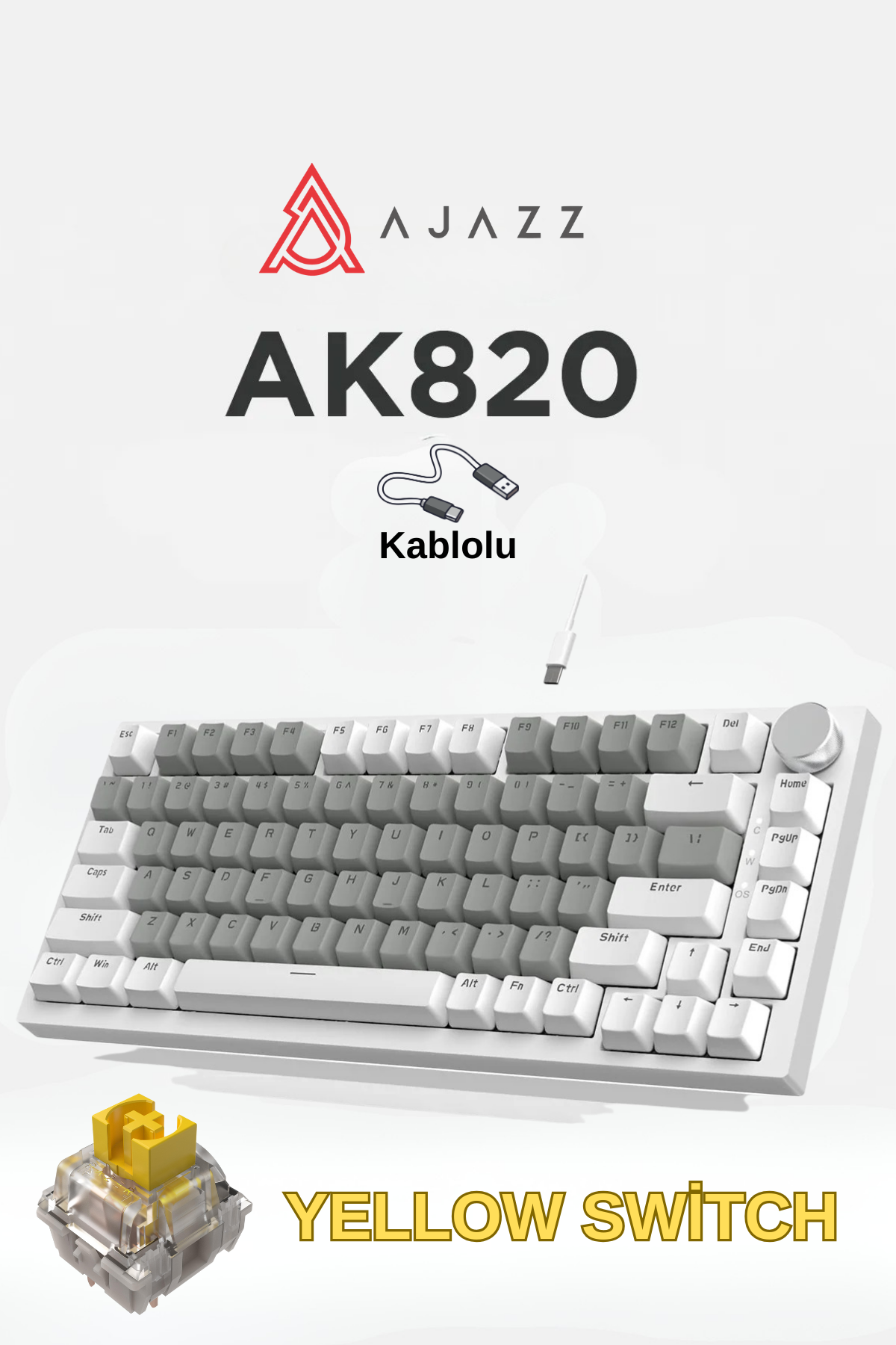 AK820 Kablolu Mekanik Oyun Klavyesi , Beyaz Işıklı, Beyaz-Gri, 82 Tuş, Hot Swap, Anti Ghosting