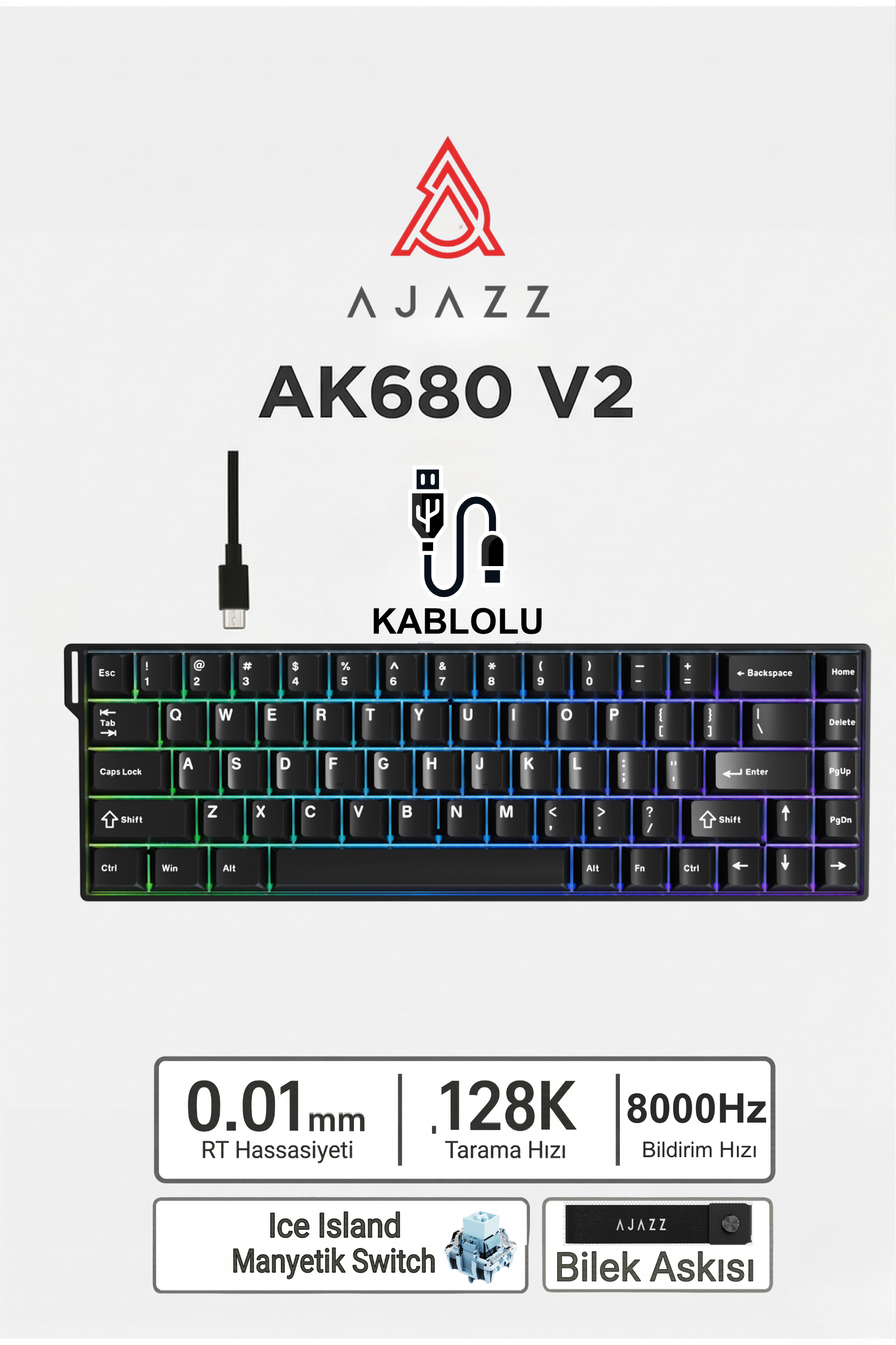 Ajazz Ak680v2 Manyetik Switch Rapid Trigger 8000Hz Klavye-128K Scan Rate-Bilek Askısı