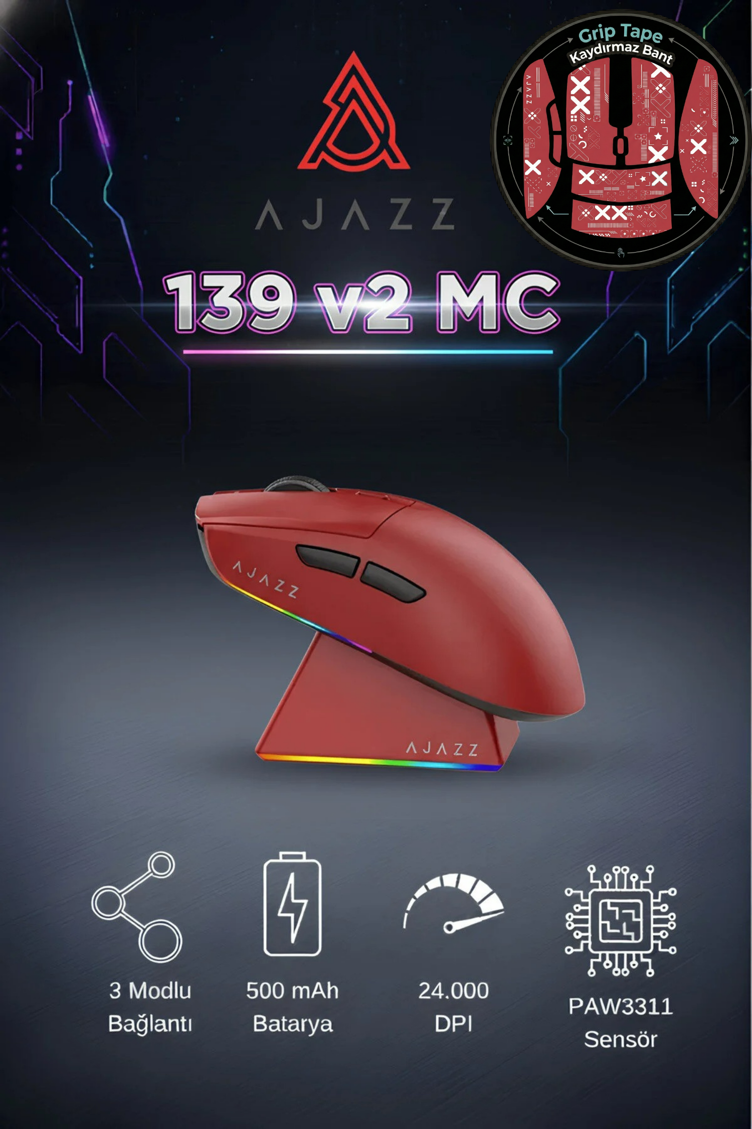 Ajazz 139v2 MC - 3 Modlu Kablosuz Mouse + Grip Tape Hediyeli