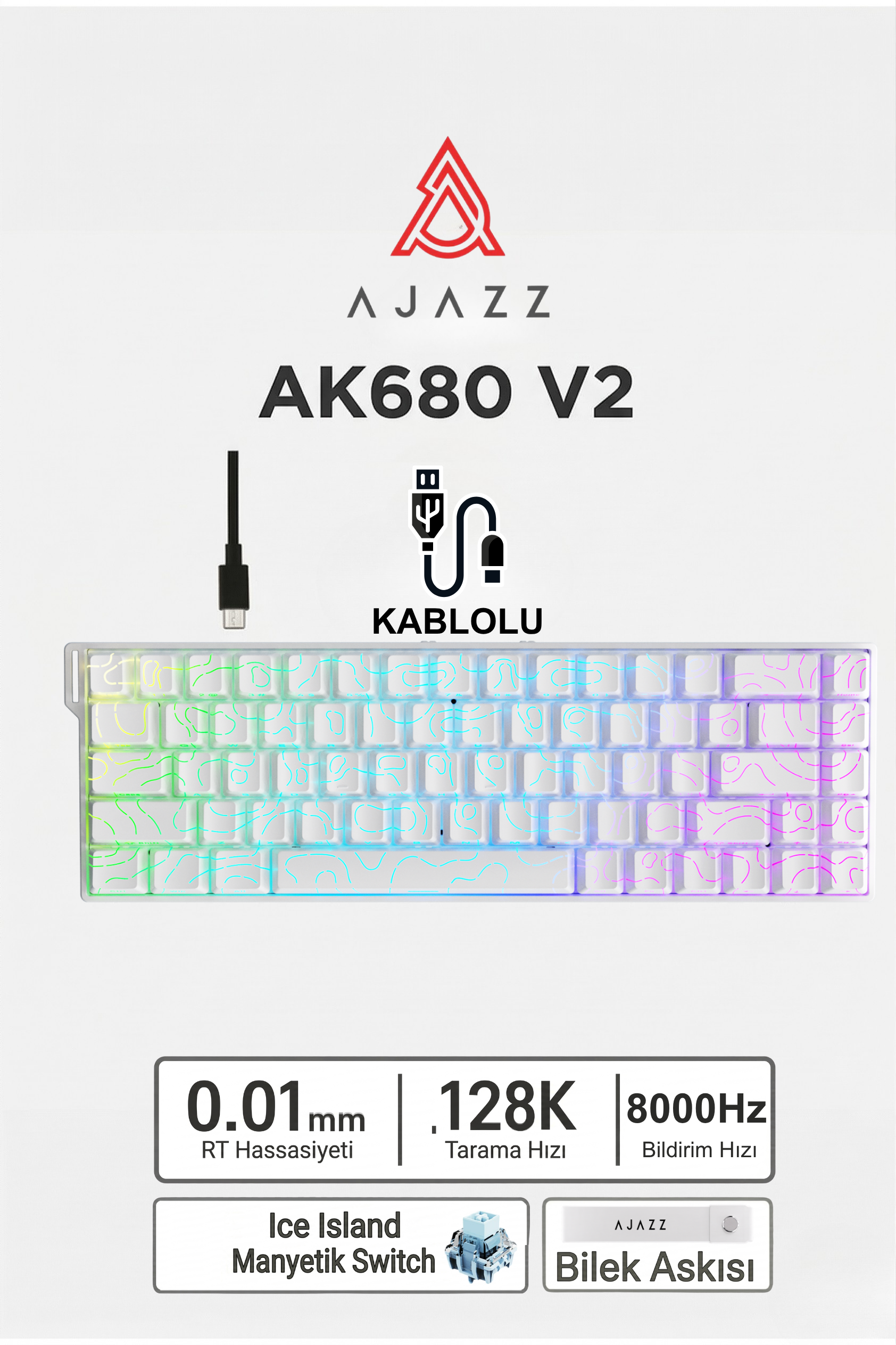 Ajazz Ak680v2 Manyetik Switch Rapid Trigger 8000Hz Klavye-128K Scan Rate-Bilek Askısı