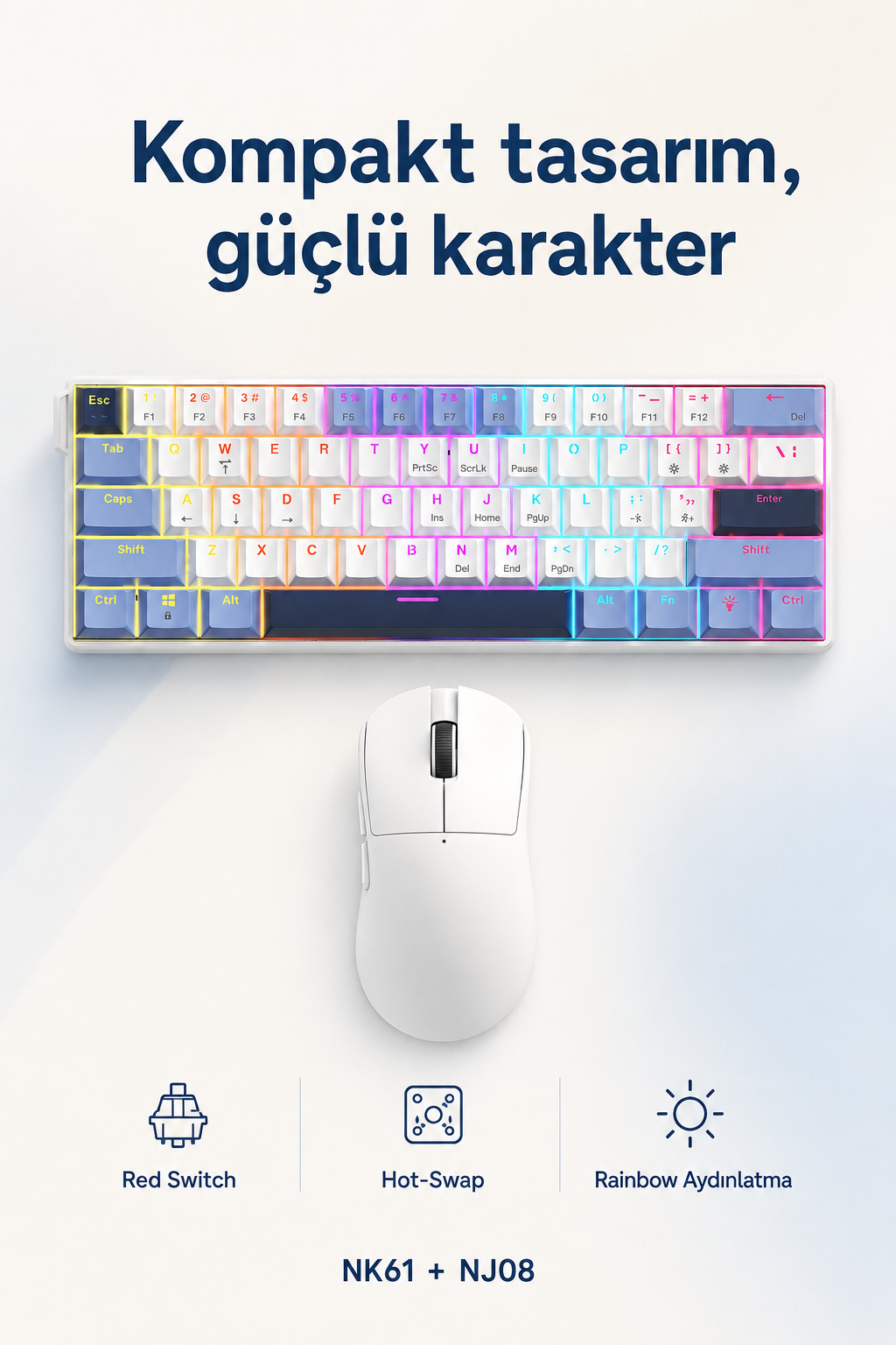 Ajazz NK61 Red Switch Mekanik Klavye ve NJ08 Kablosuz Mouse Seti Beyaz-Mavi