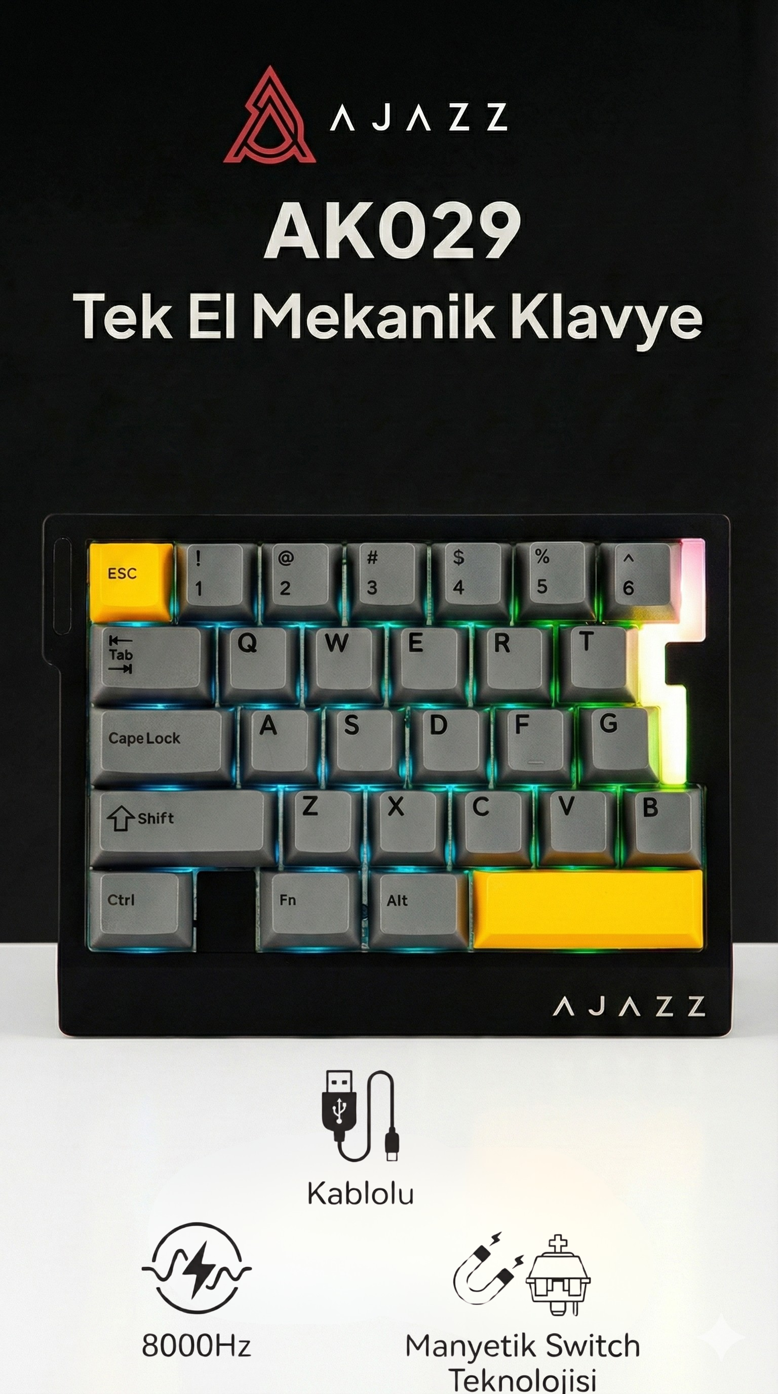 AK029 Tek El Kablolu Manyetik Switch Oyun Klavyesi - 29 Tuş - RGB