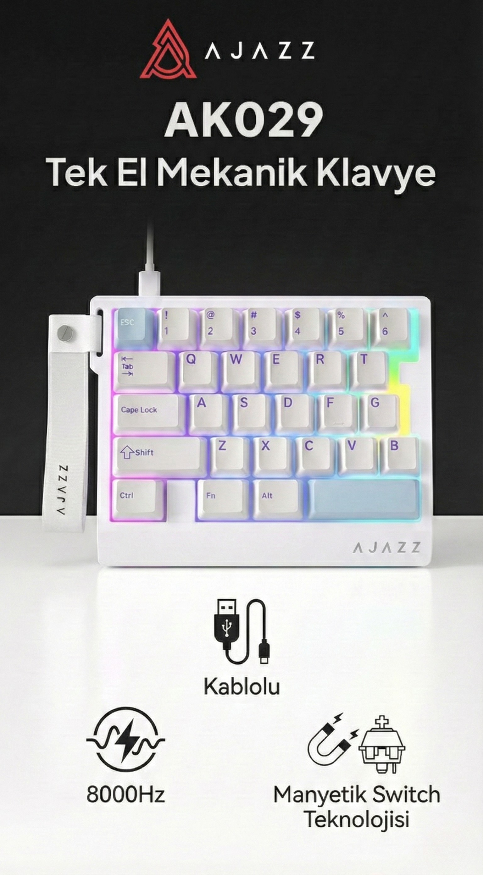 AK029 Tek El Kablolu Manyetik Switch Oyun Klavyesi - 29 Tuş - RGB